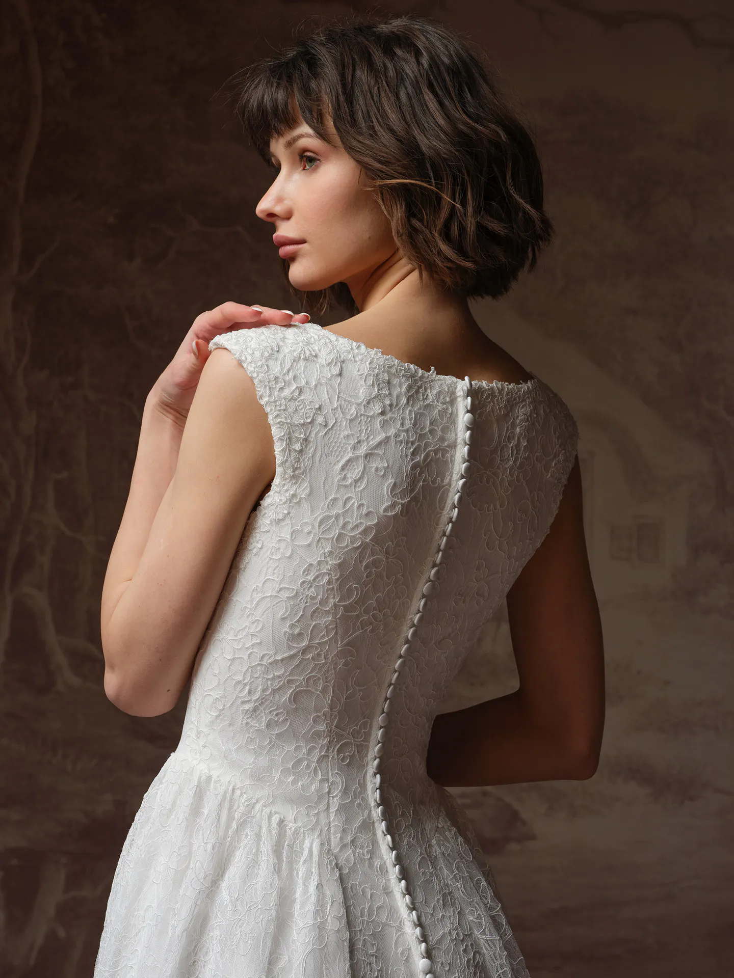 Rebecca Ingram Briar, back view lace A-line wedding dress.