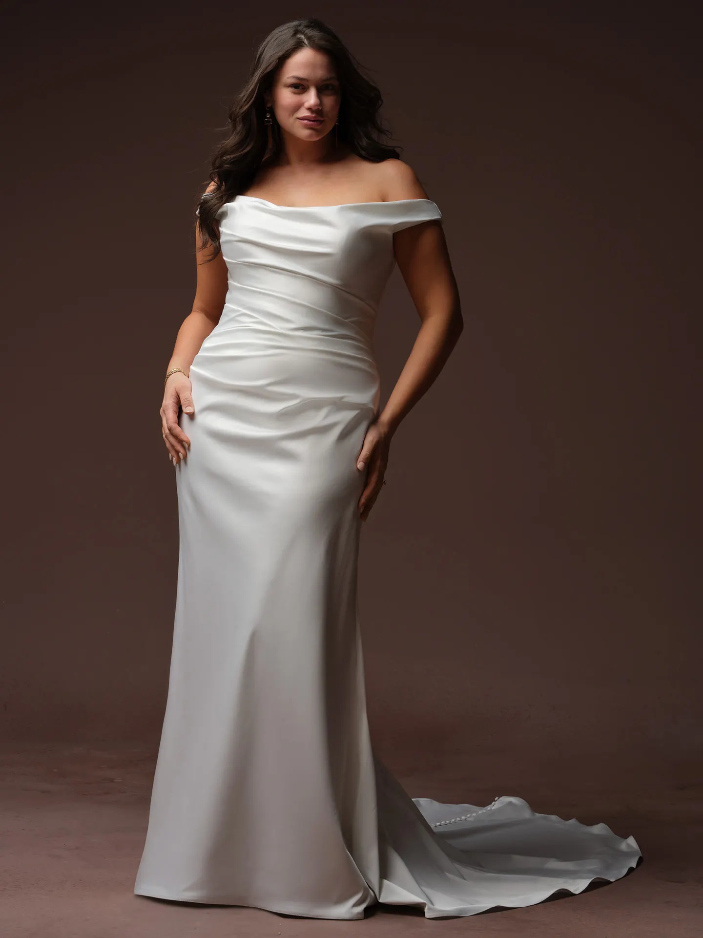 Rebecca Ingram Clementine off-shoulder wedding dress, front view.