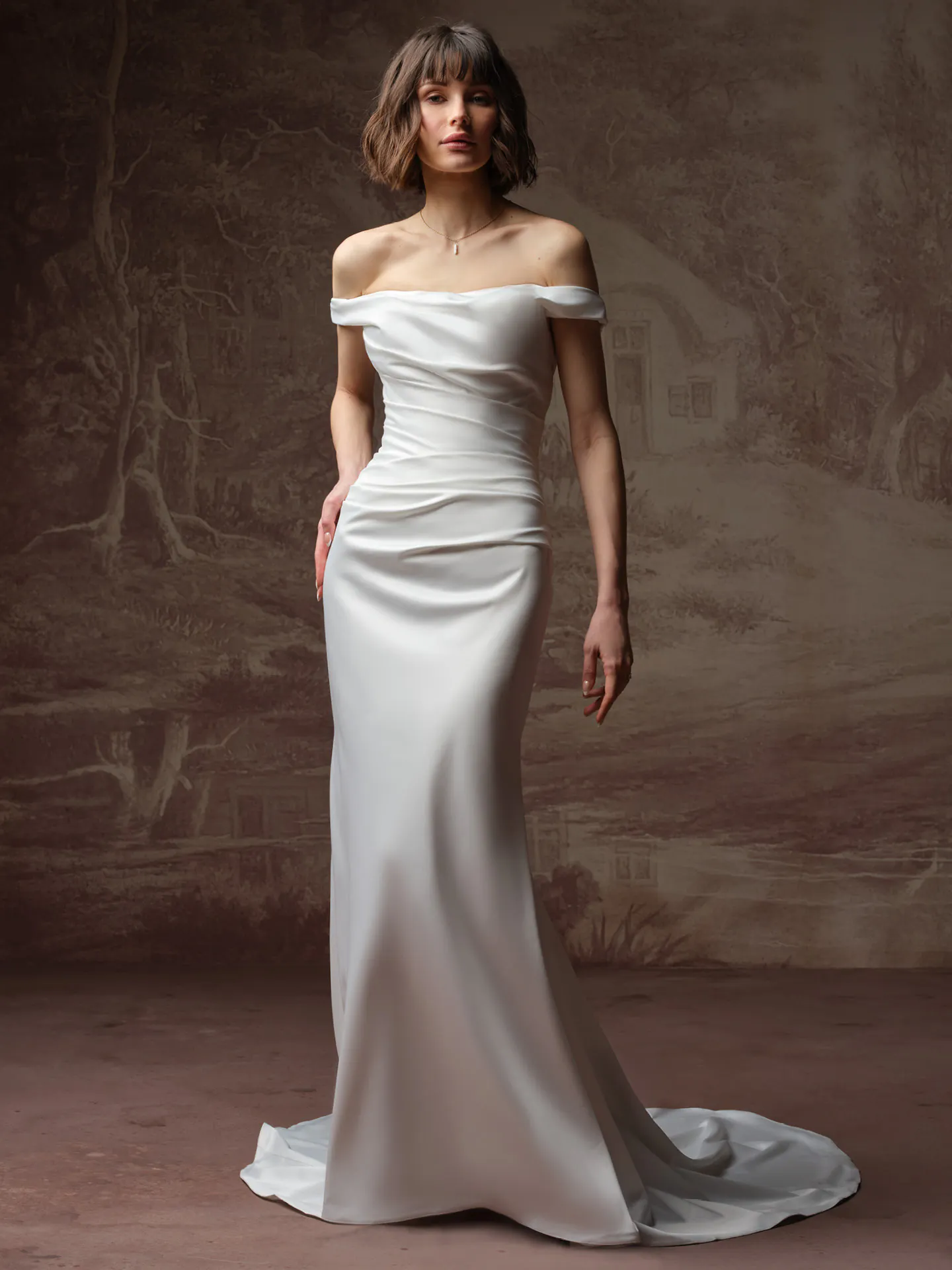 Rebecca Ingram Clementine off-the-shoulder dress, front view.