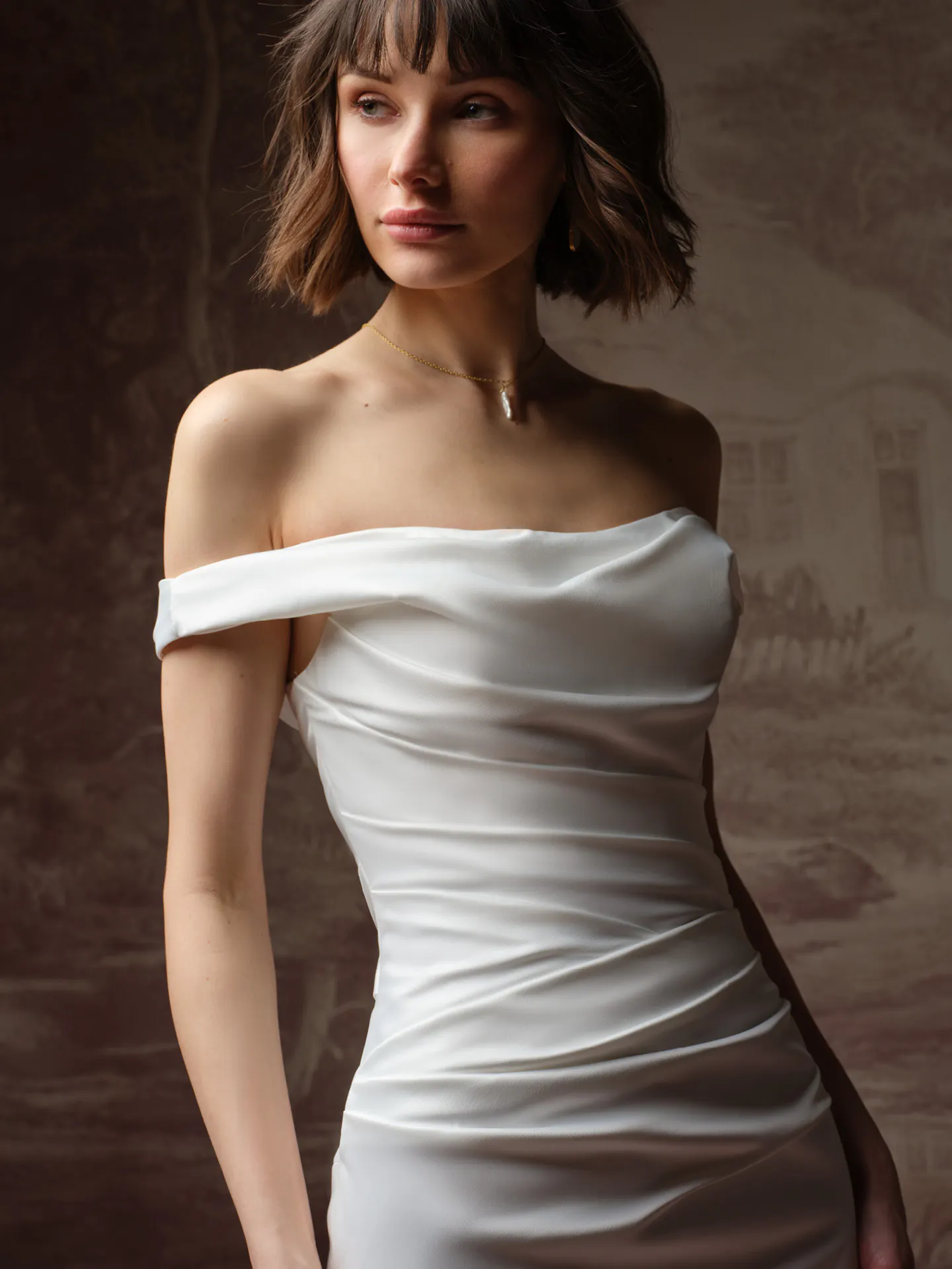 Rebecca Ingram Clementine off-the-shoulder dress, front view.