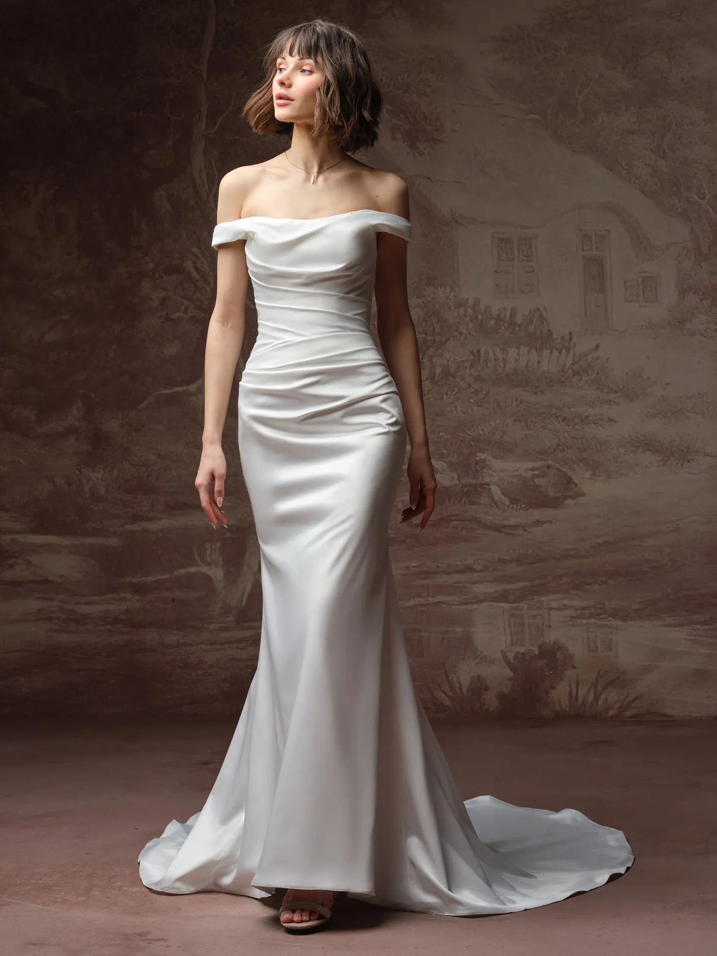 Rebecca Ingram Clementine off-the-shoulder wedding dress, front view.