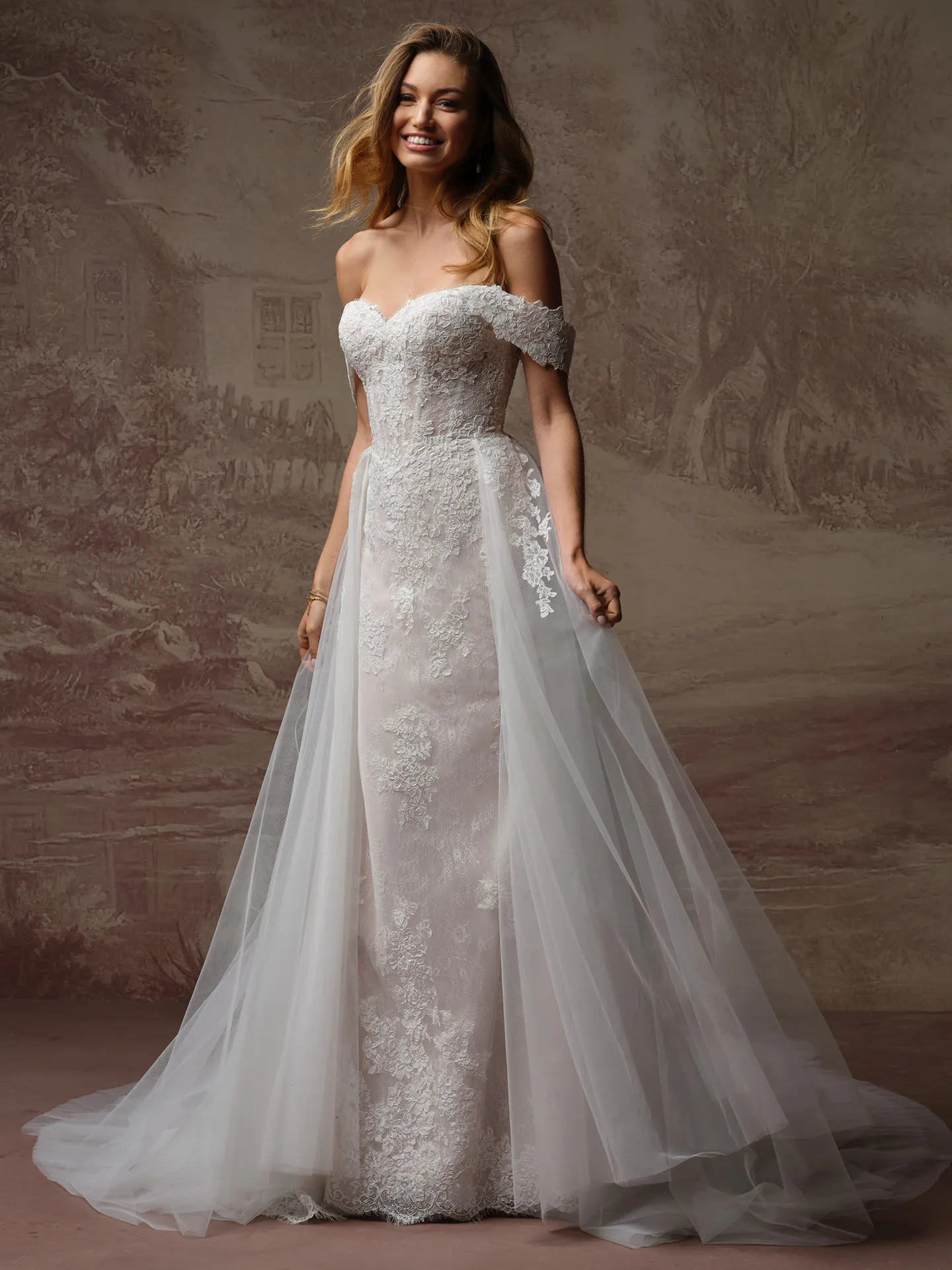 Rebecca Ingram Esmeralda, front view lace fit-and-flare wedding dress.