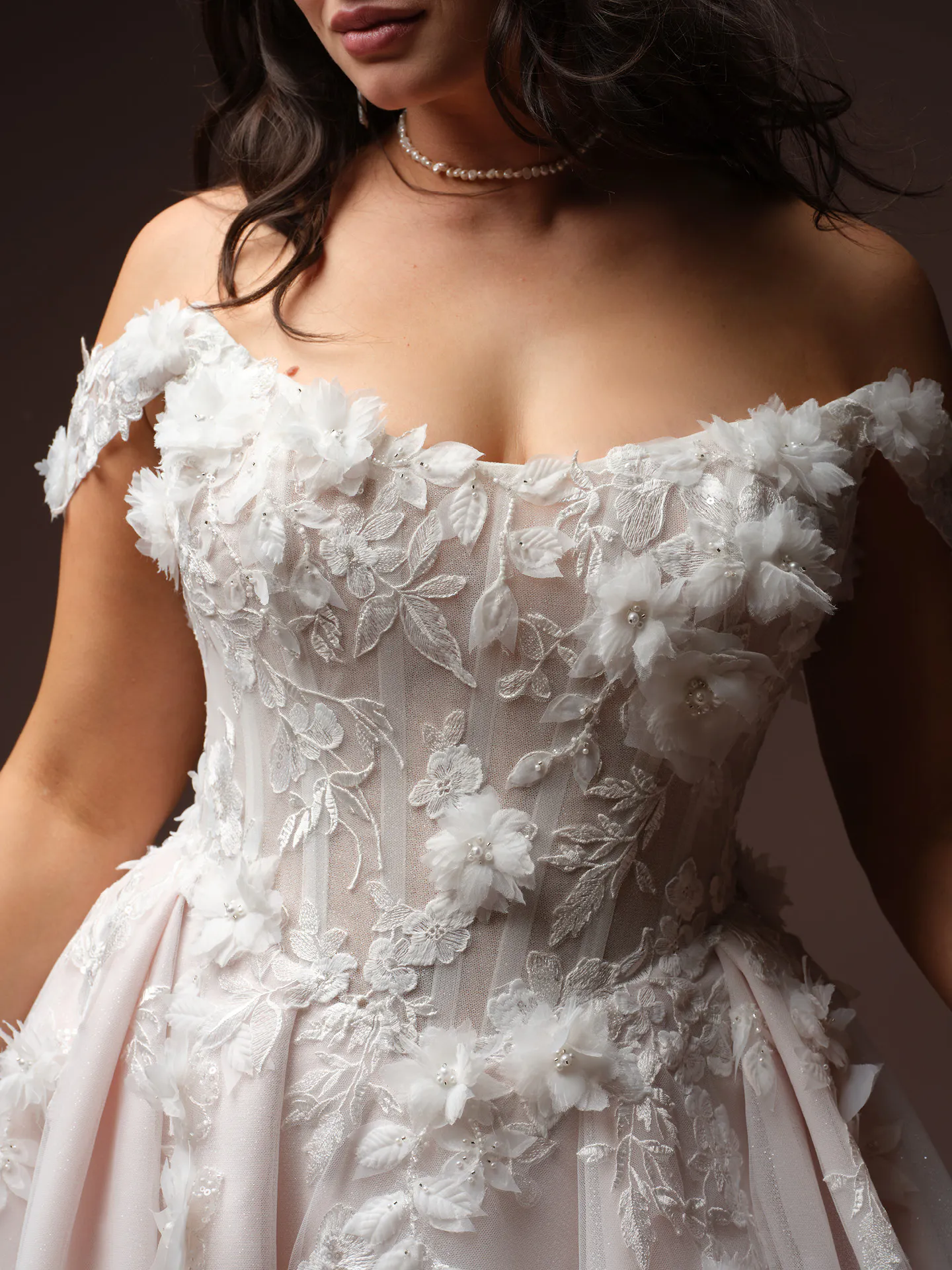 Rebecca Ingram Fleur floral lace wedding dress, front view.