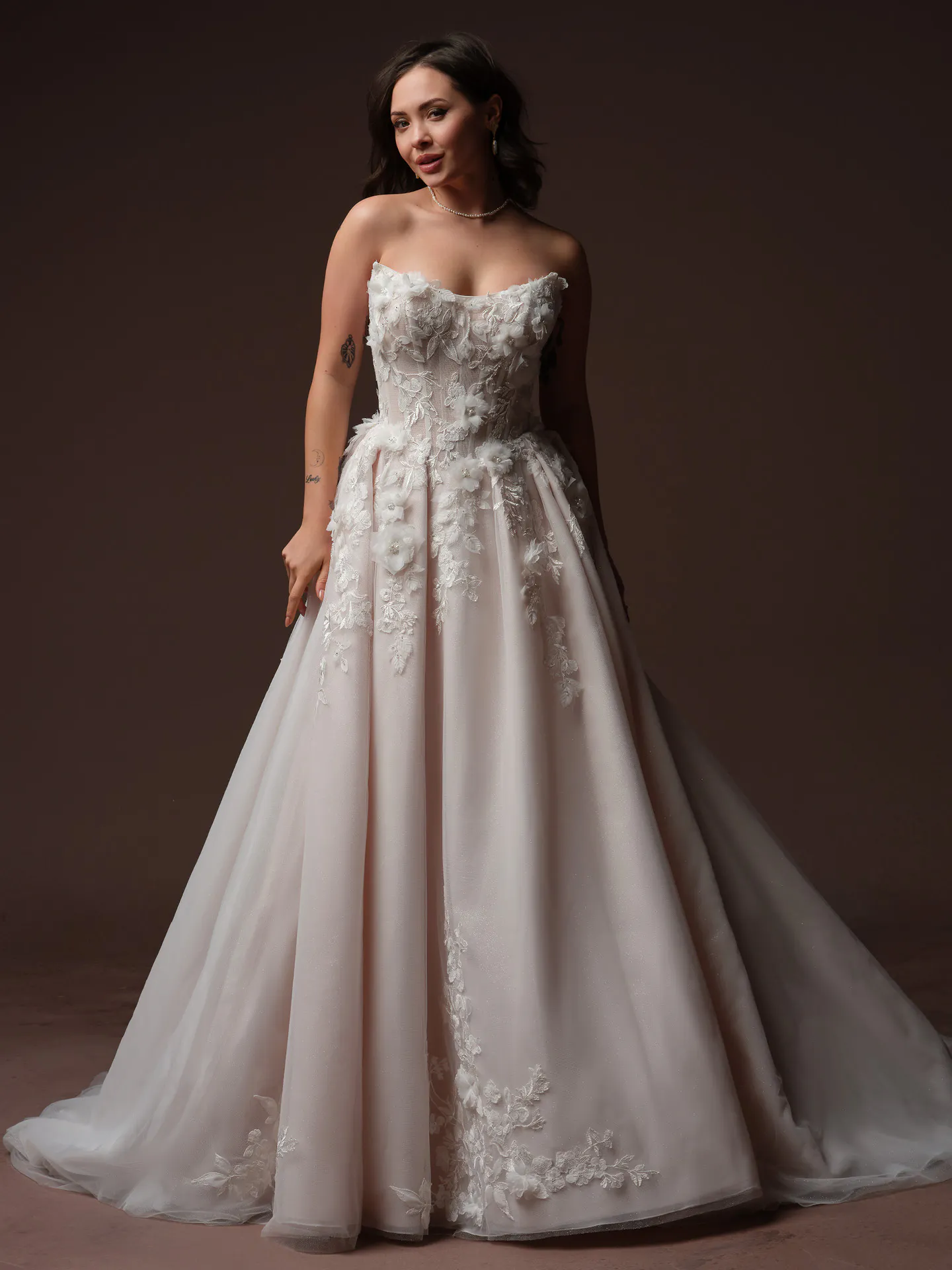 Rebecca Ingram Fleur 3-D floral beaded lace wedding dress, front view.