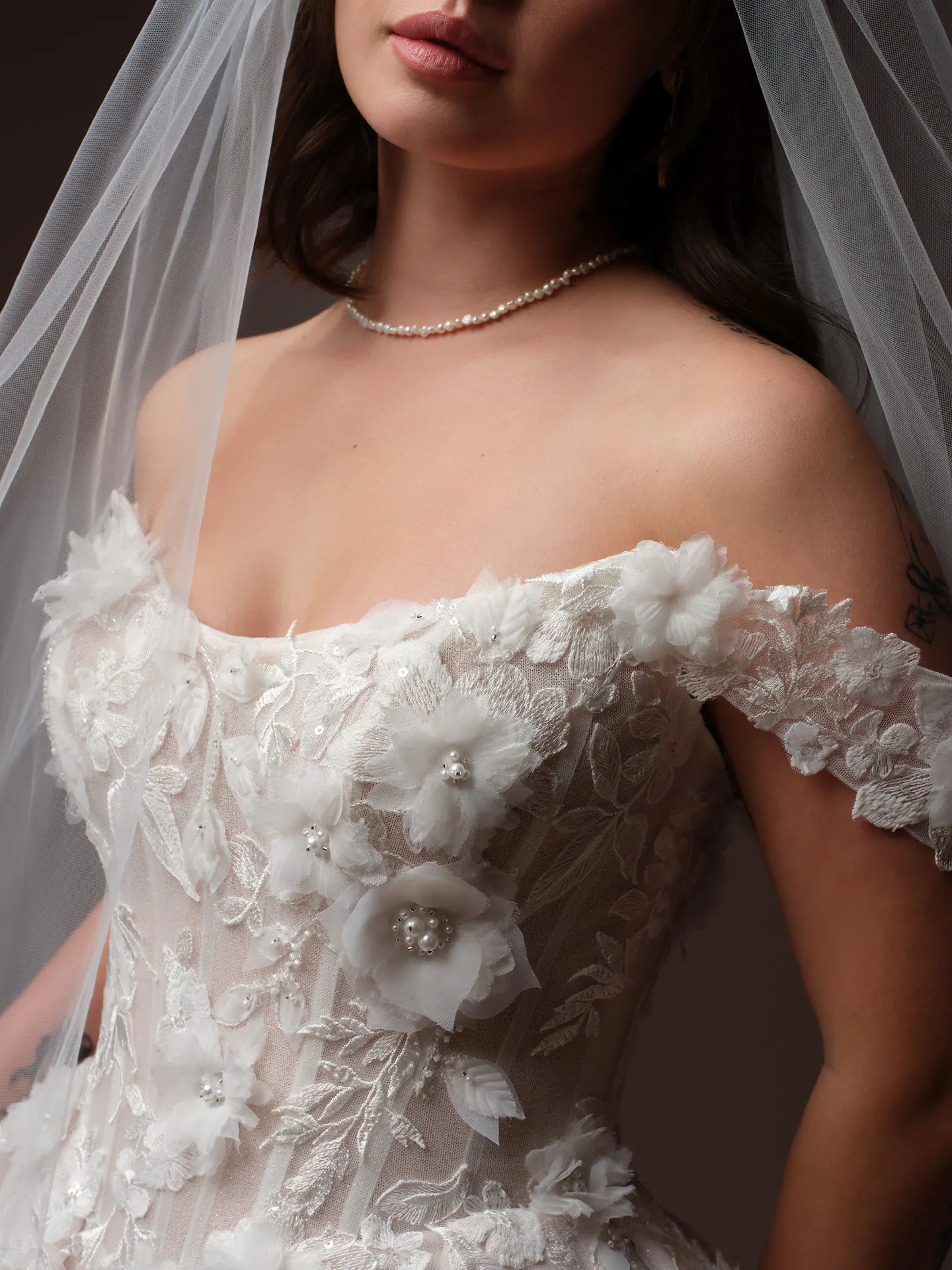 Rebecca Ingram Fleur 3D floral lace dress close-up with veil.