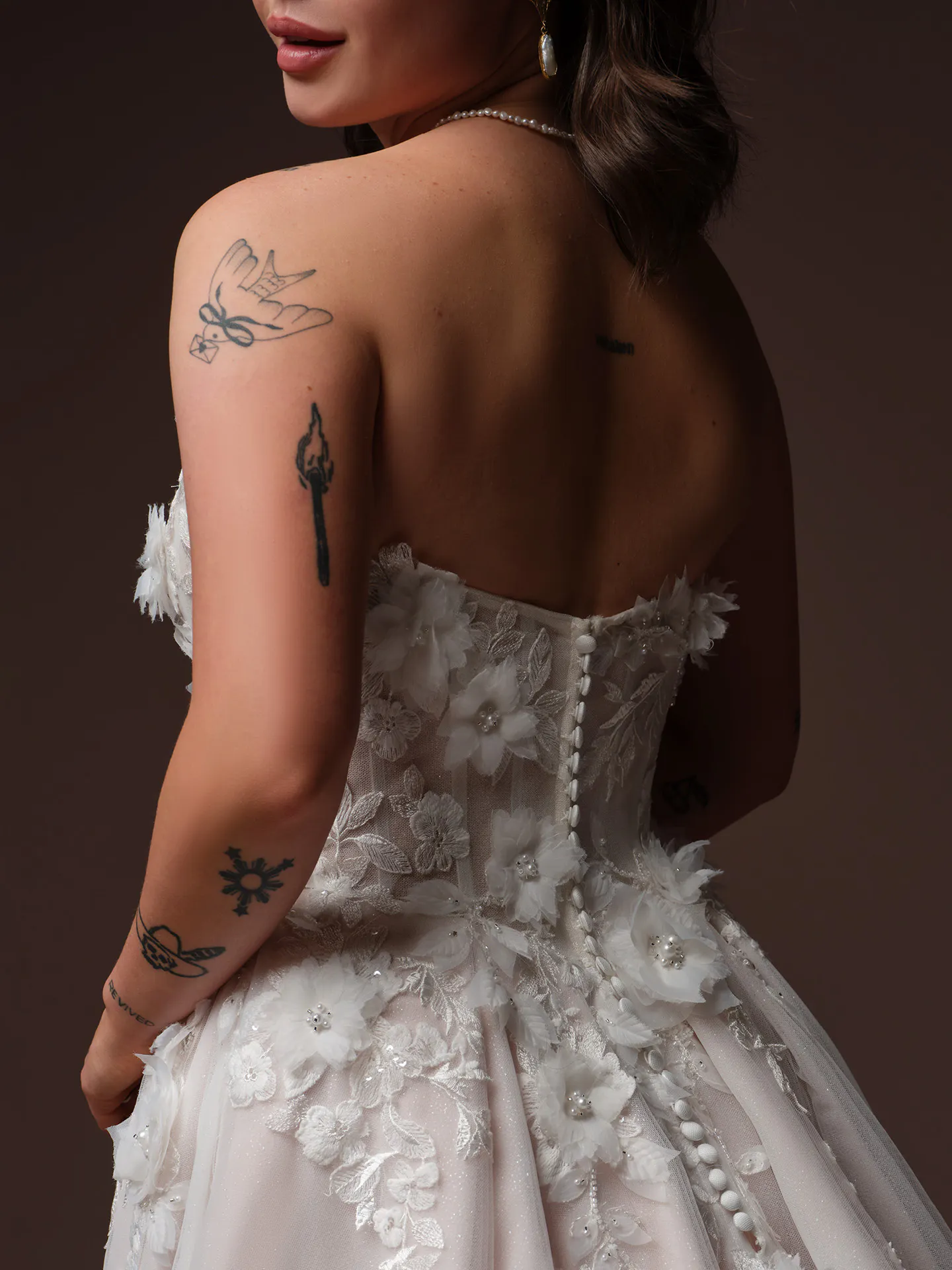 Rebecca Ingram Fleur, back view 3D floral lace wedding dress.