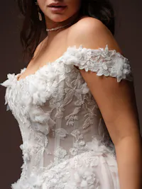 Dreamy illusion lace 3-D floral bridal cap-sleeves