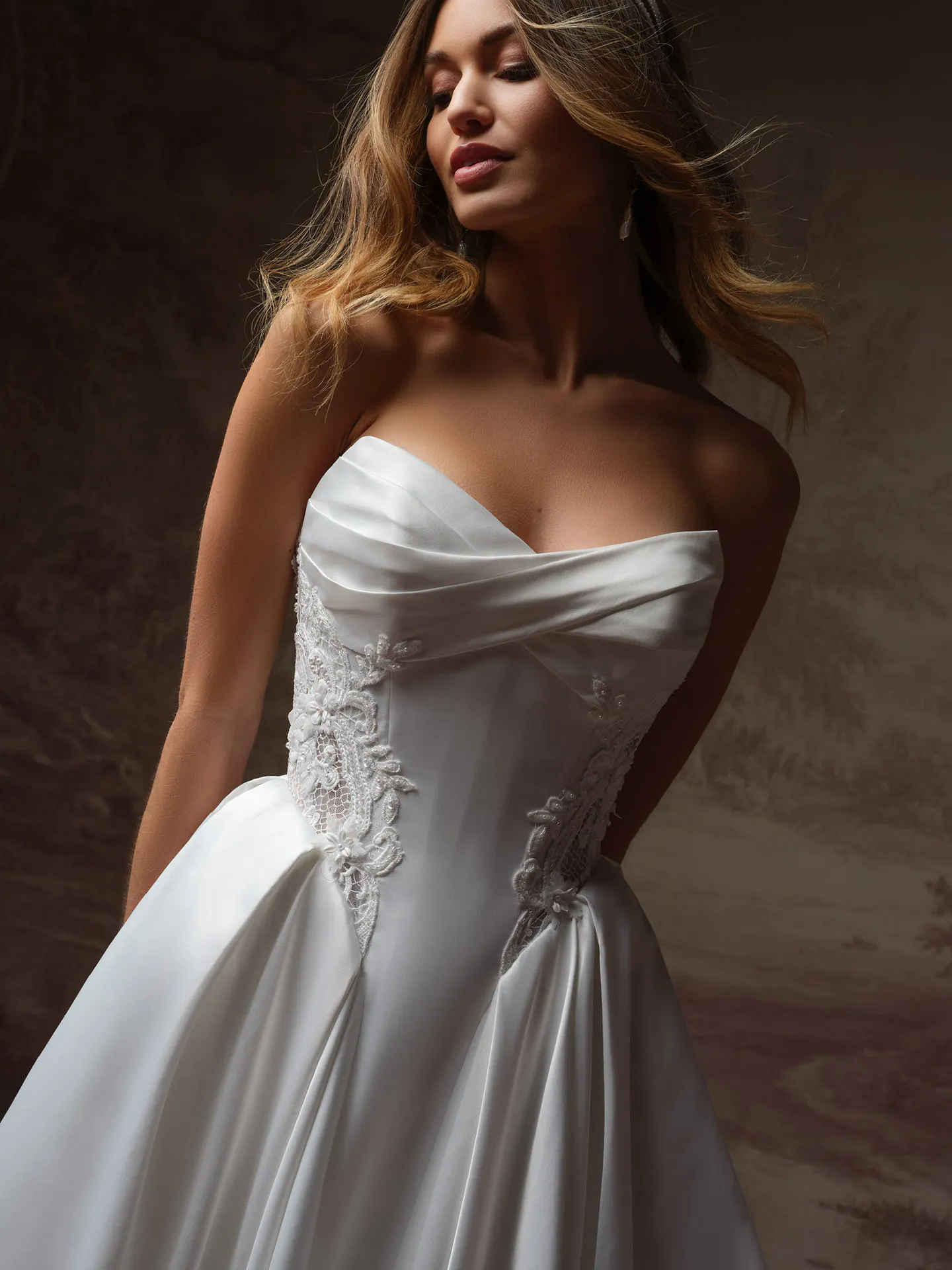 Rebecca Ingram Gigi, front view satin ballgown with floral waist detail.