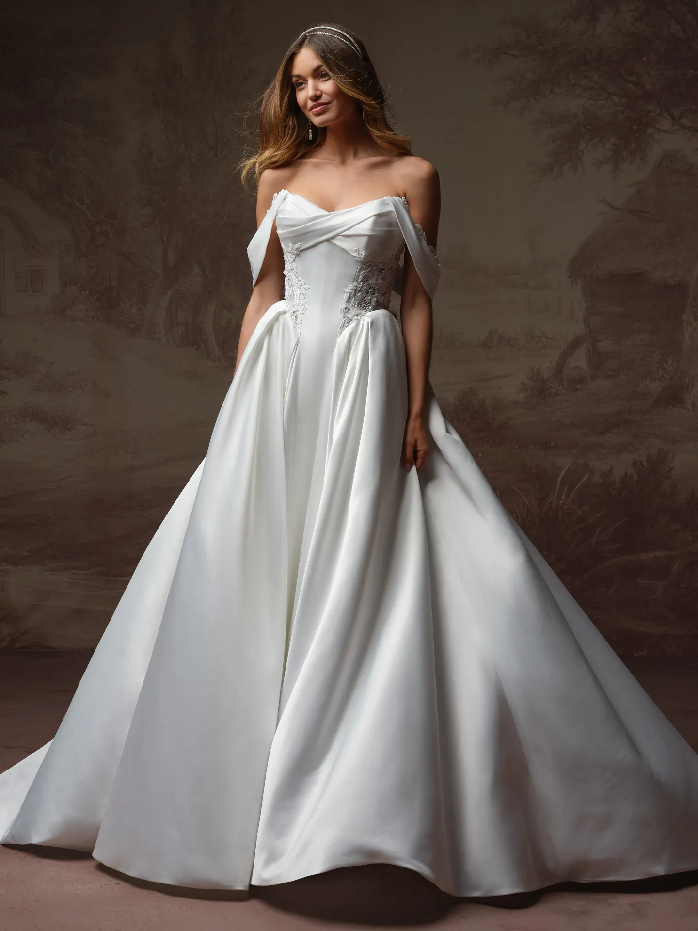 Rebecca Ingram Gigi floral satin ballgown, front view.