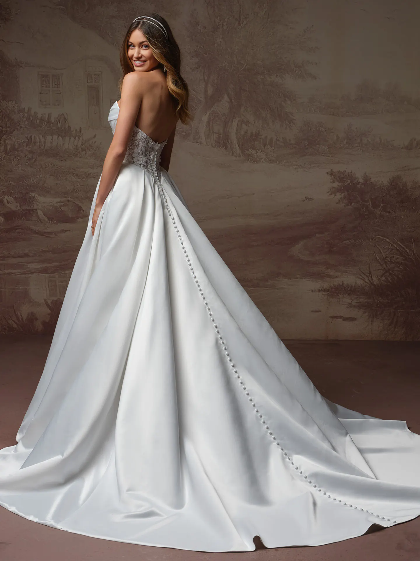 Rebecca Ingram Gigi, back view satin ballgown with buttons down the train.