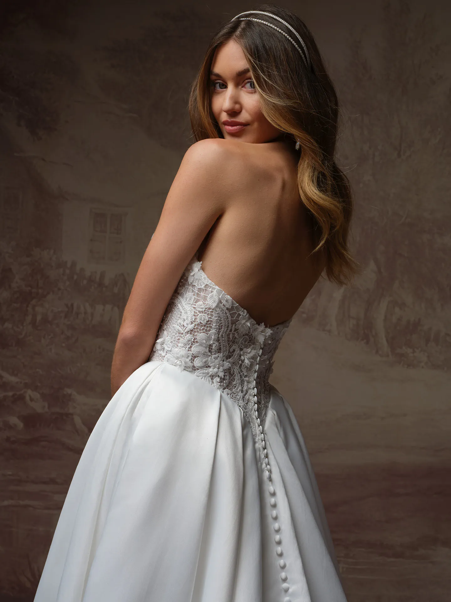 Rebecca Ingram Gigi floral waist satin ballgown, back view.