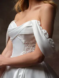 Poised off-the-shoulder beaded overlace cap-sleeves