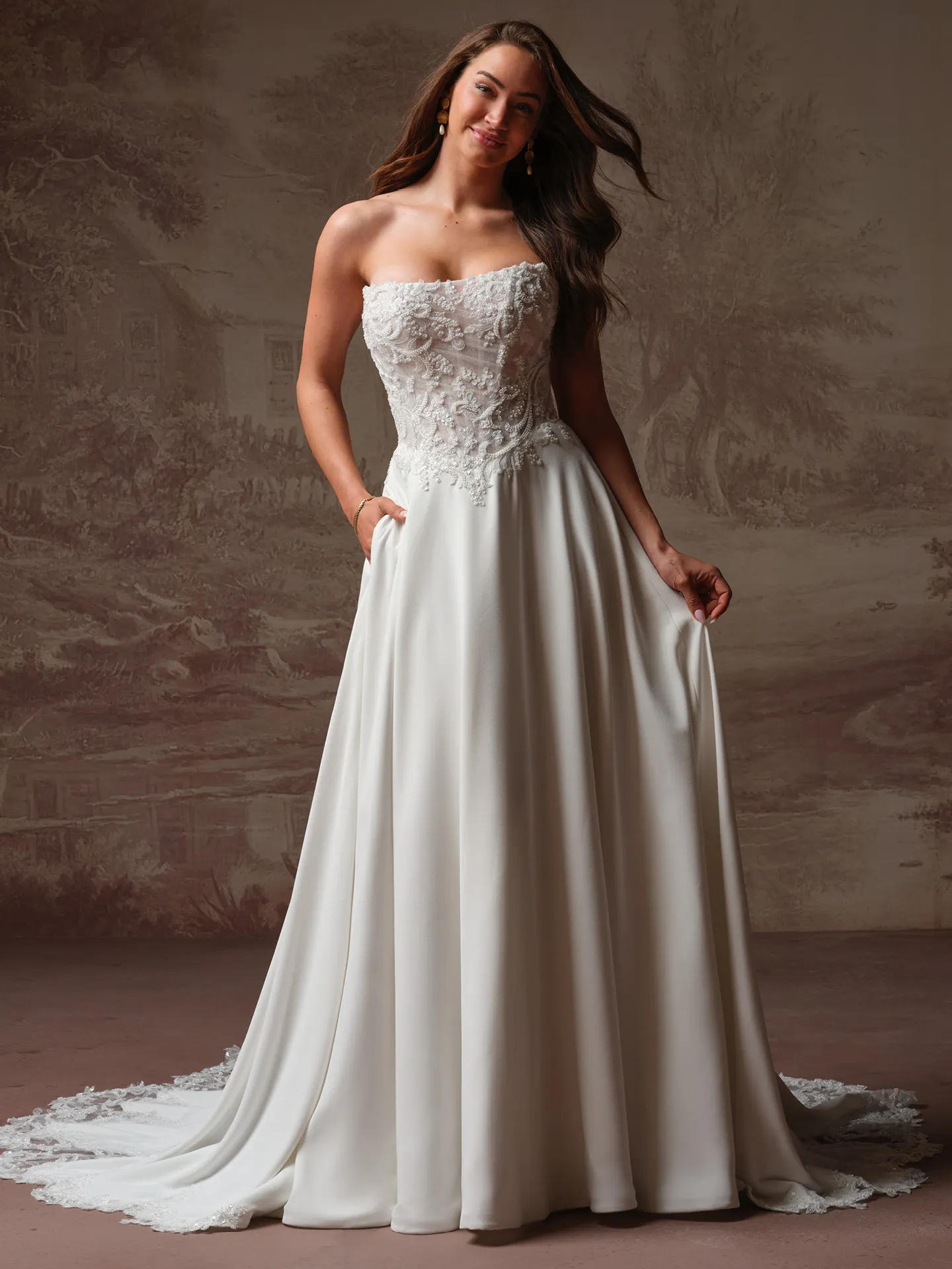 Rebecca Ingram Hazel, front view lace bodice A-Line wedding dress.
