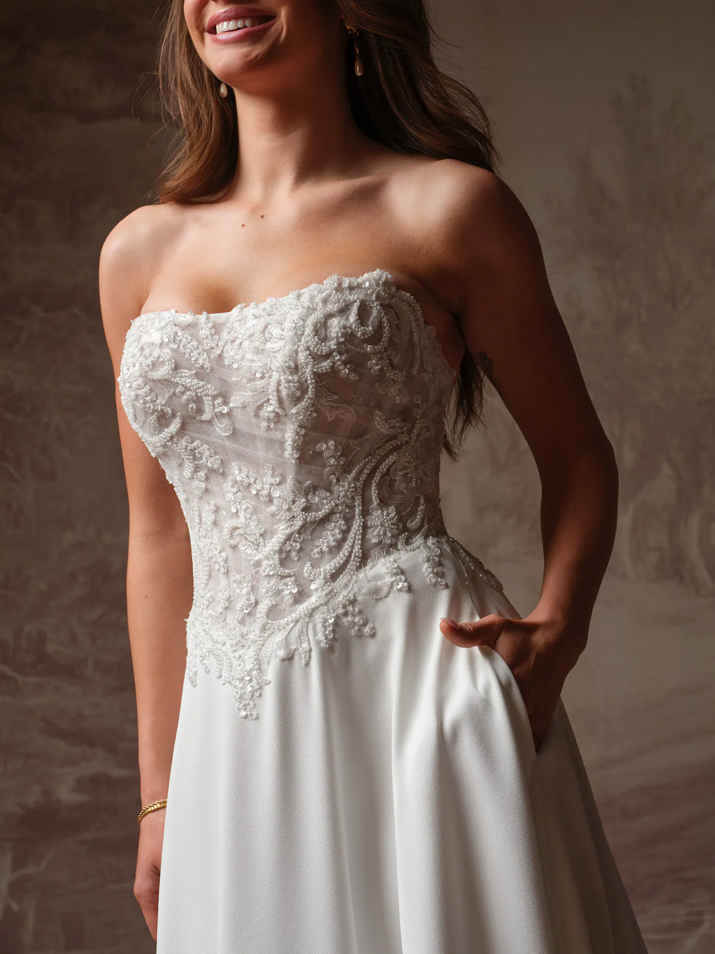 Rebecca Ingram Hazel dress, front view showing beaded lace bodice.