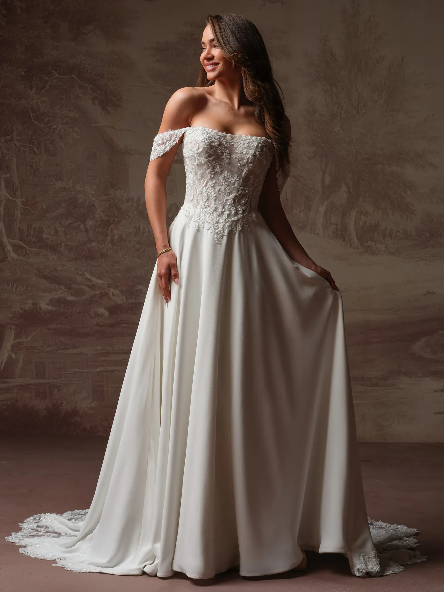 Rebecca Ingram Hazel, front view, beaded lace bodice A-line wedding dress.