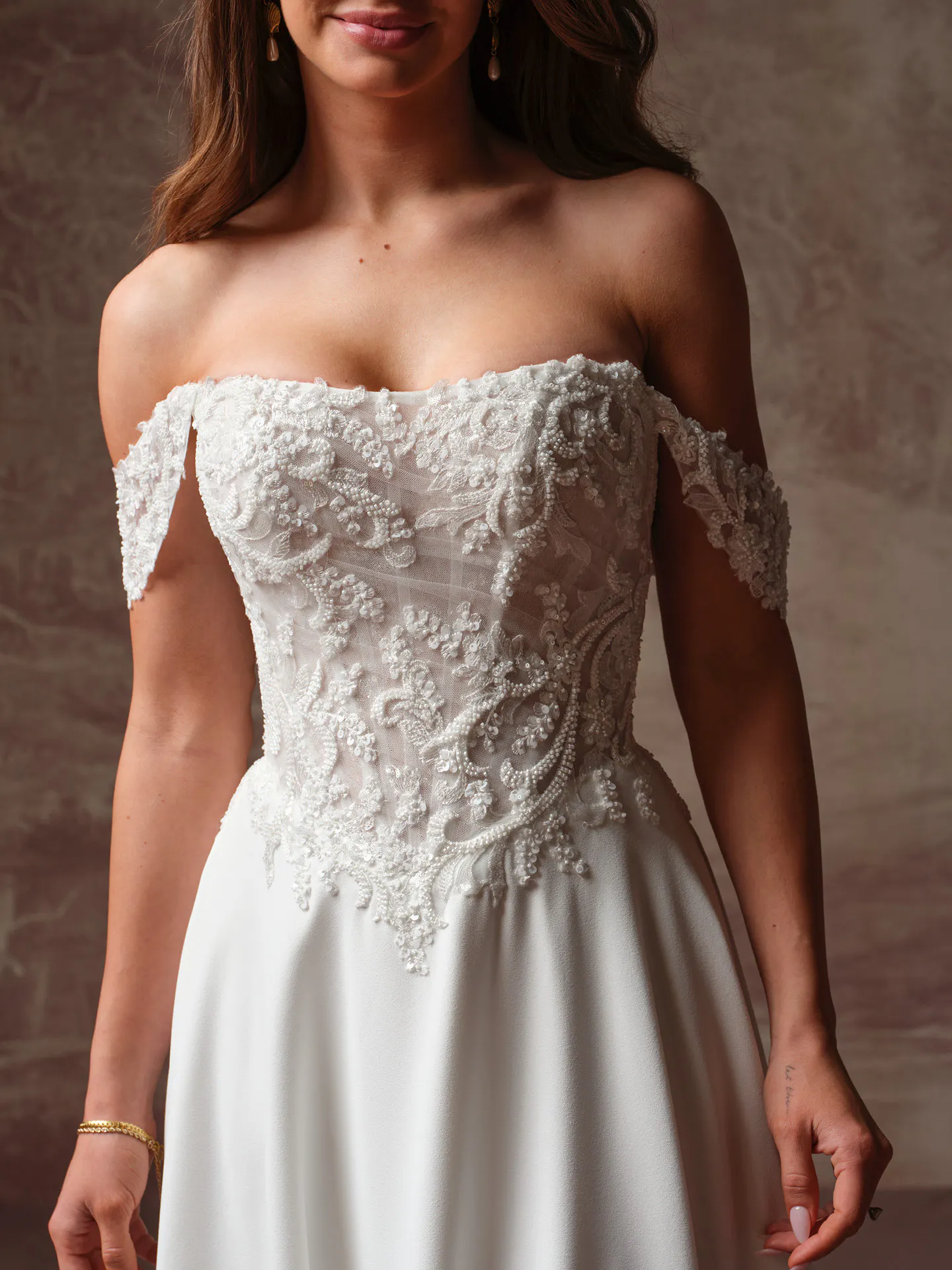 Rebecca Ingram Hazel, front view beaded lace bodice A-line wedding dress.