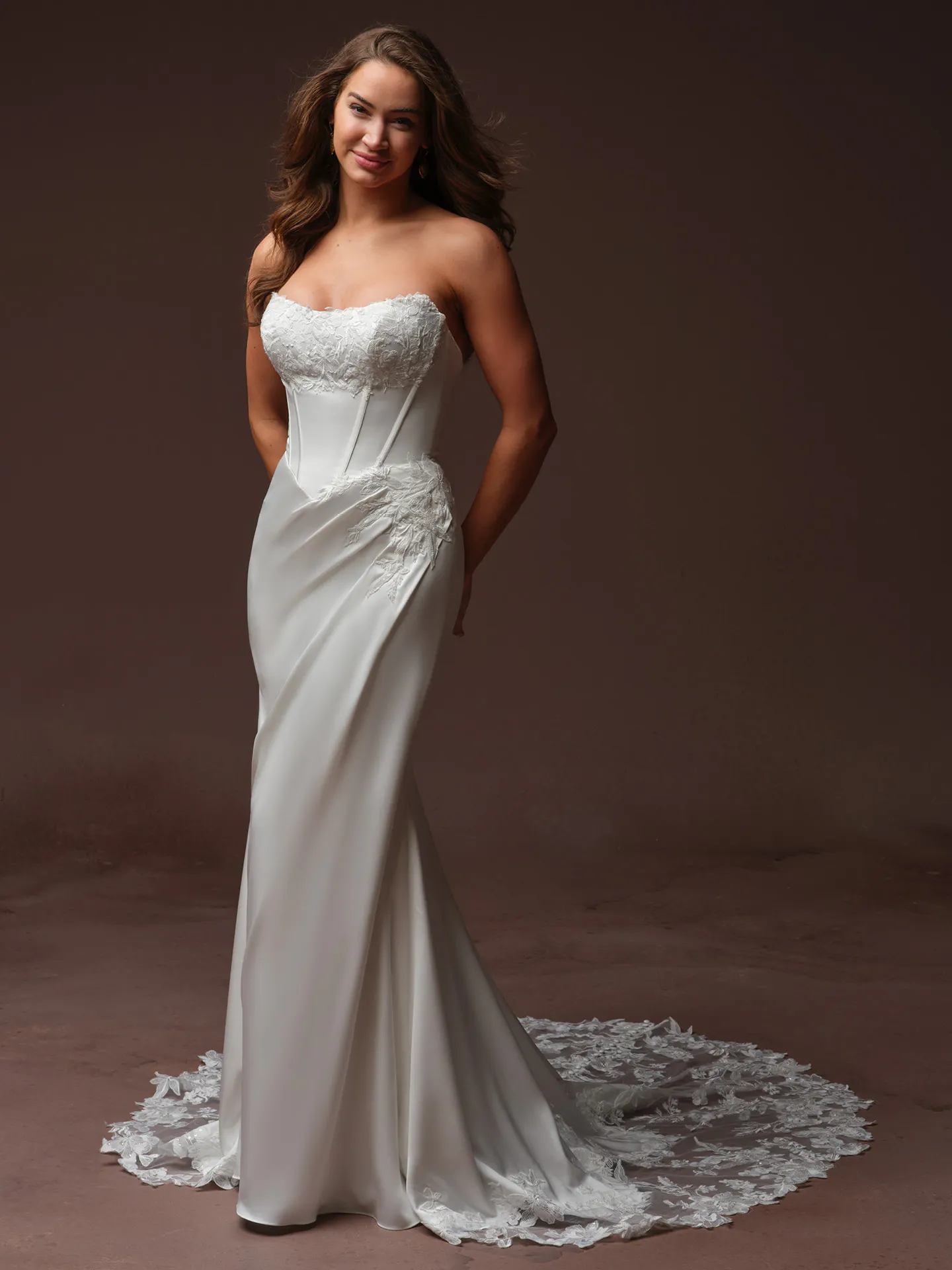 Rebecca Ingram Isolde, front view fit-and-flare dress with lace neckline.