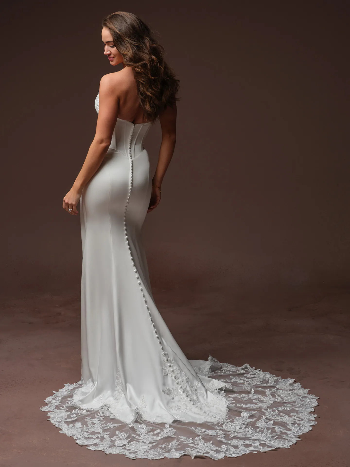 Rebecca Ingram Isolde, back view fit-and-flare dress with lace train.