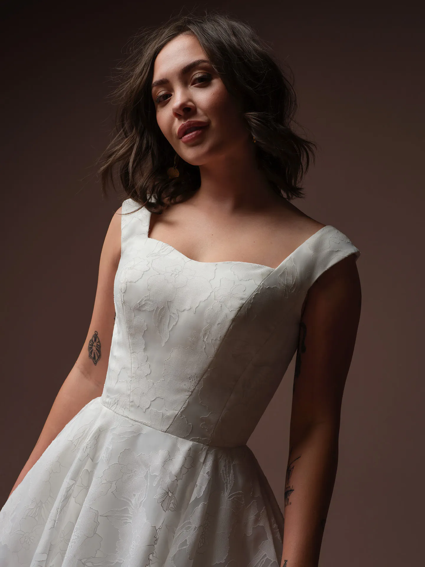 Rebecca Ingram Jade, front view, scoop neck wedding dress, printed organza.