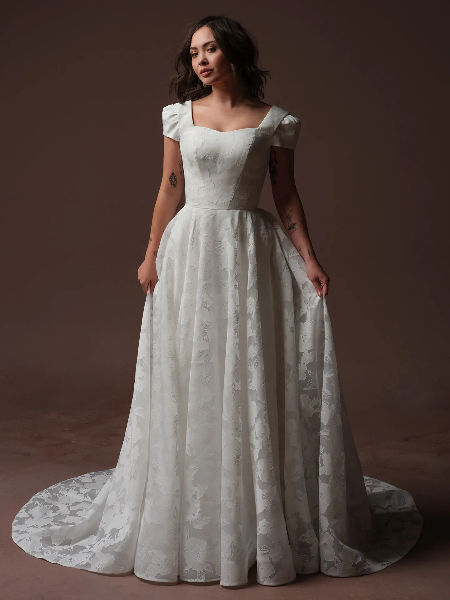 Rebecca Ingram Jade, front view Scoop neck printed organza wedding dress.