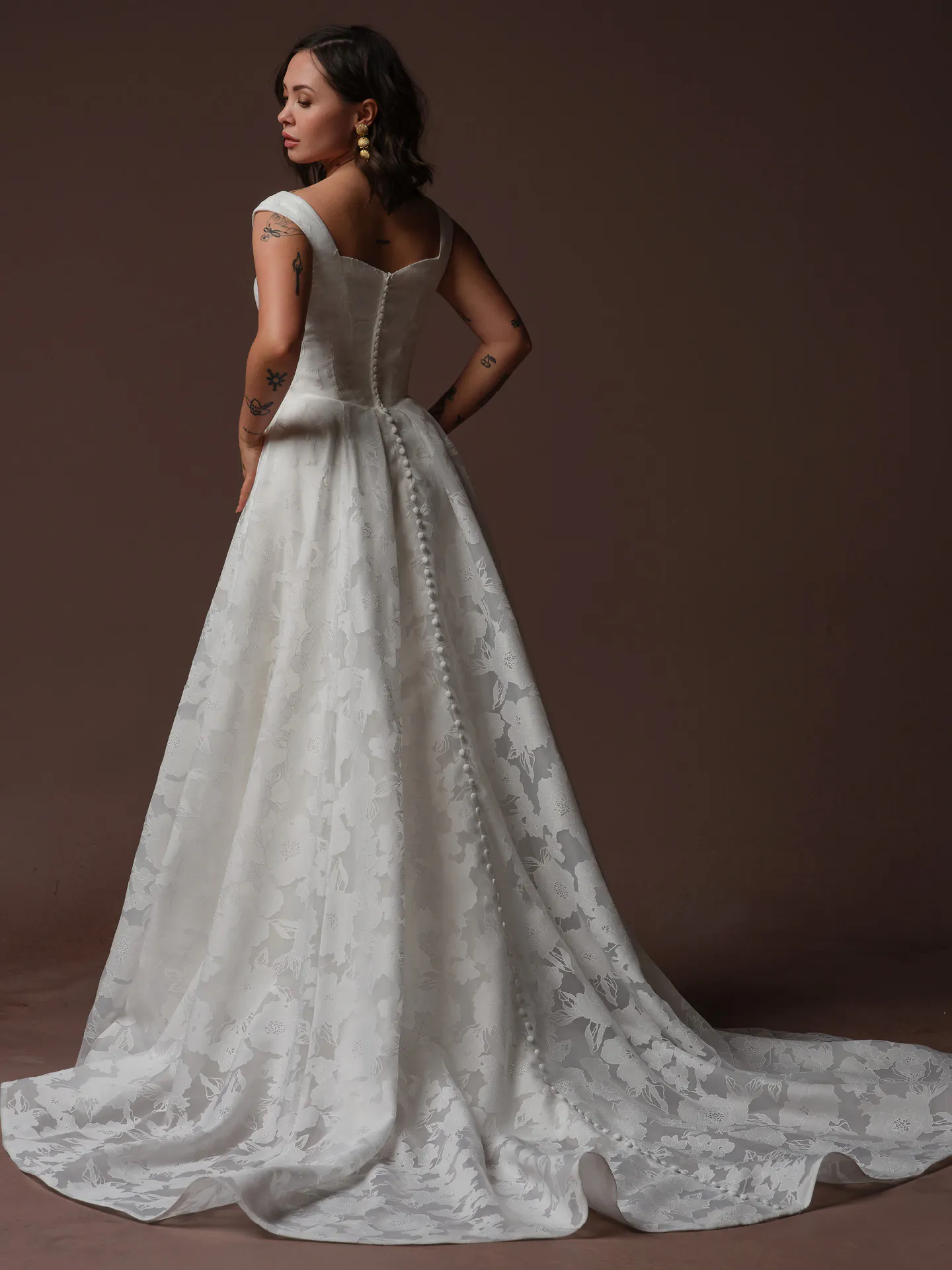 Rebecca Ingram Jade, back view printed organza scoop neck wedding dress.