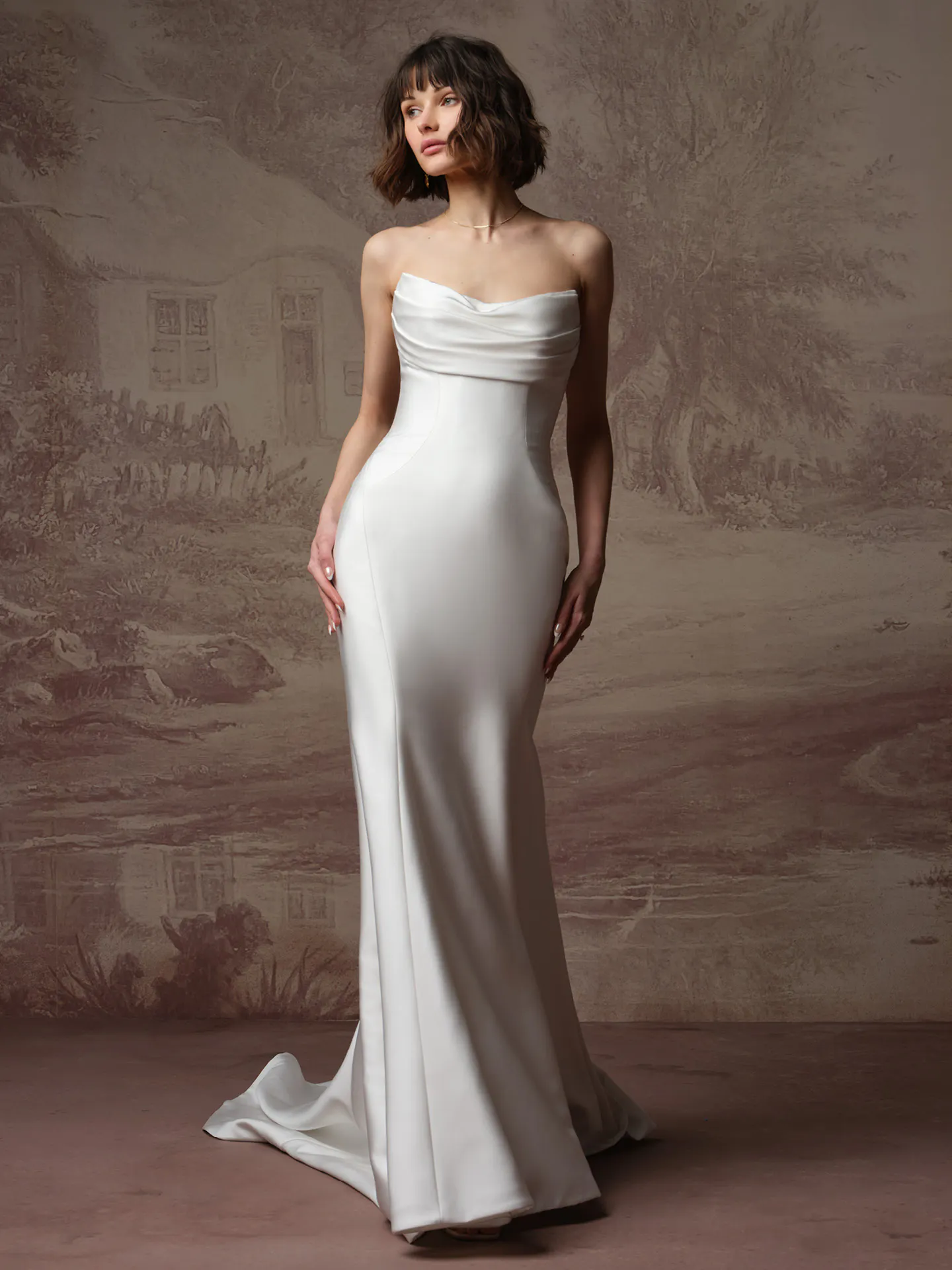 Rebecca Ingram Kayla, front view strapless sheath wedding dress.