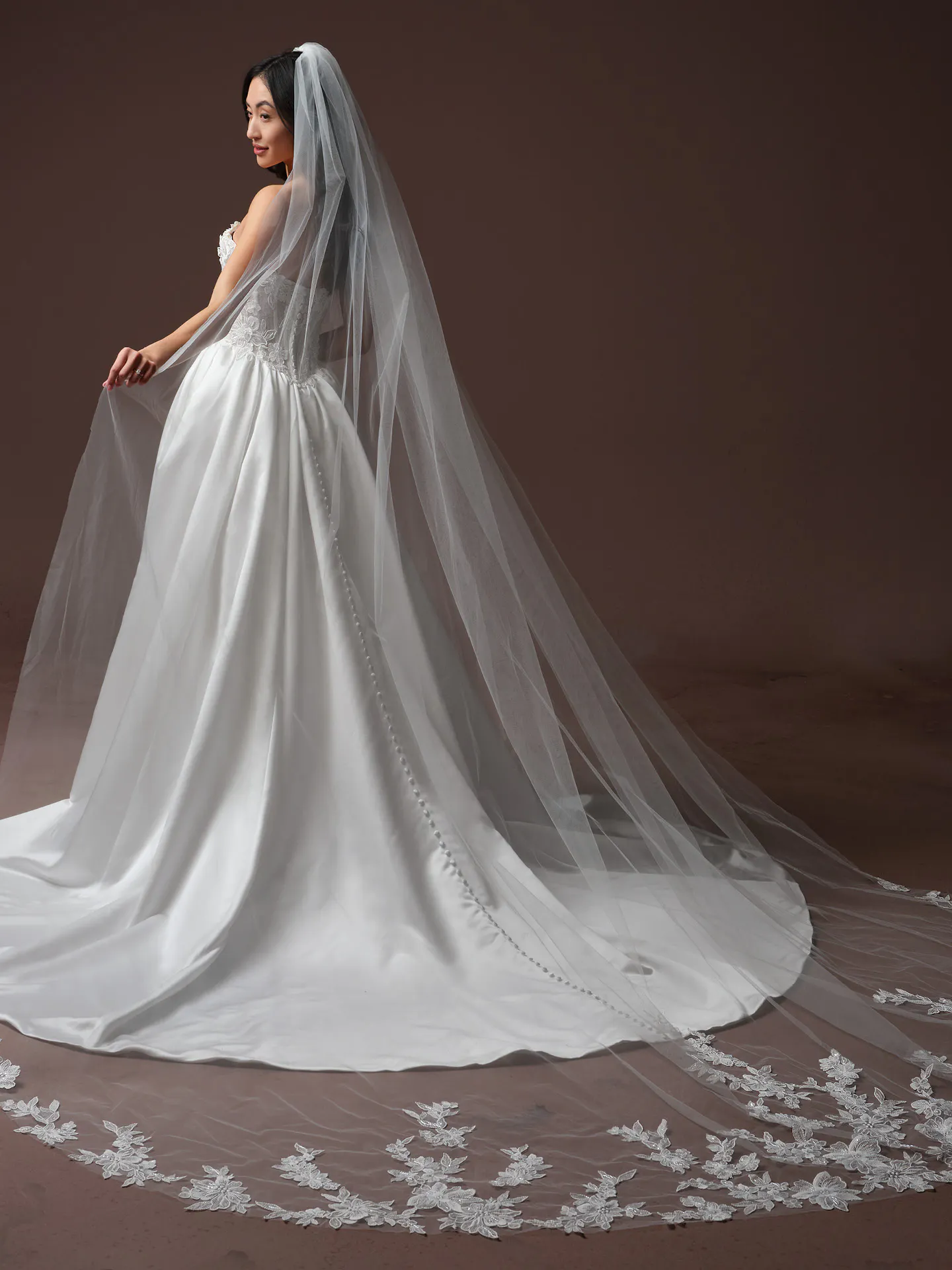 Rebecca Ingram Laurette, back view sequin lace bodice ballgown with long veil.