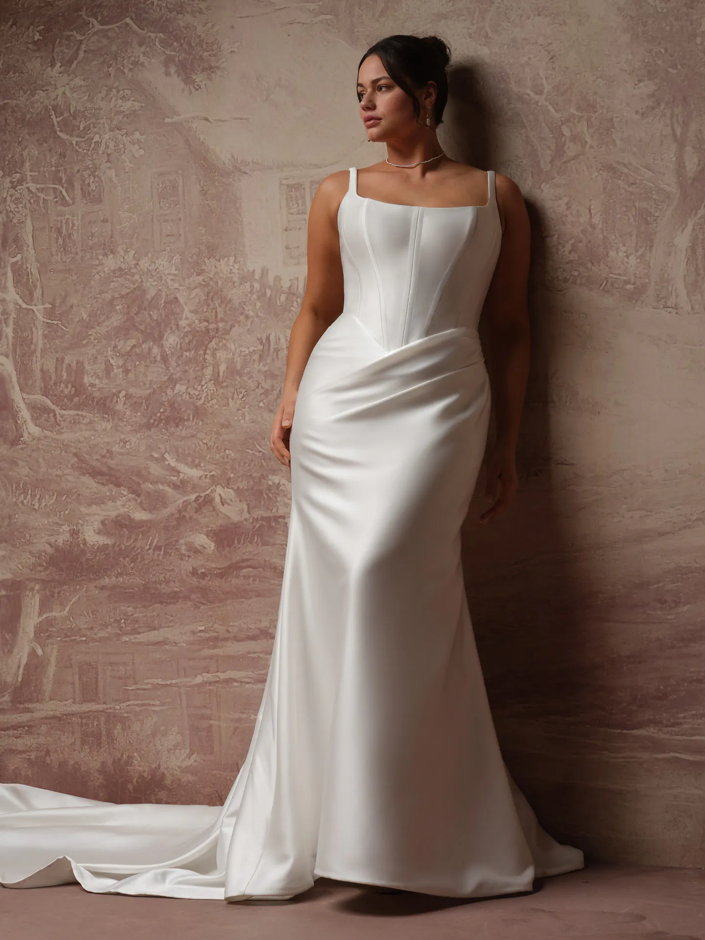 Rebecca Ingram Pamela satin dress, front view with basque waist.