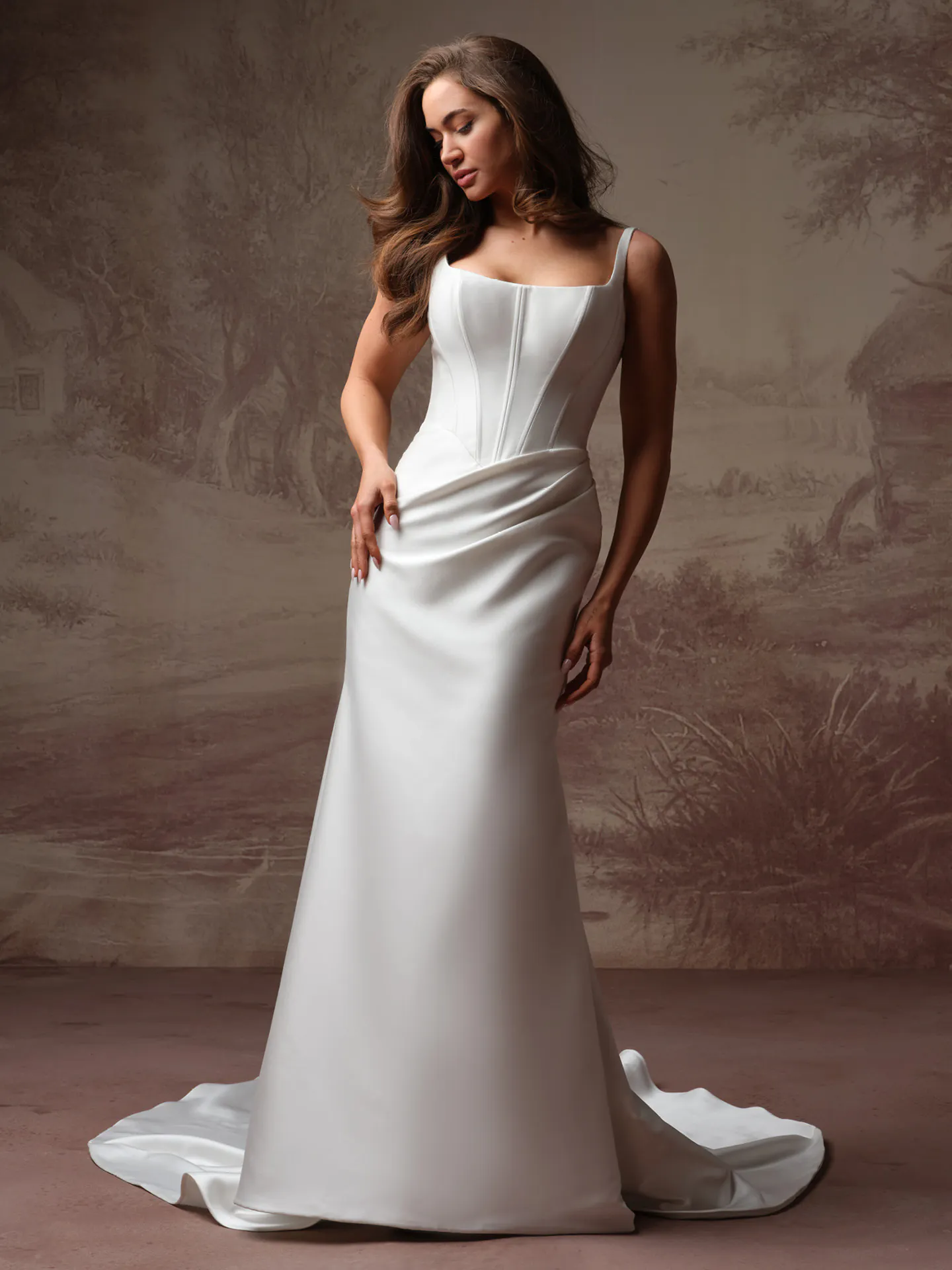 Rebecca Ingram Pamela satin wedding dress, front view.
