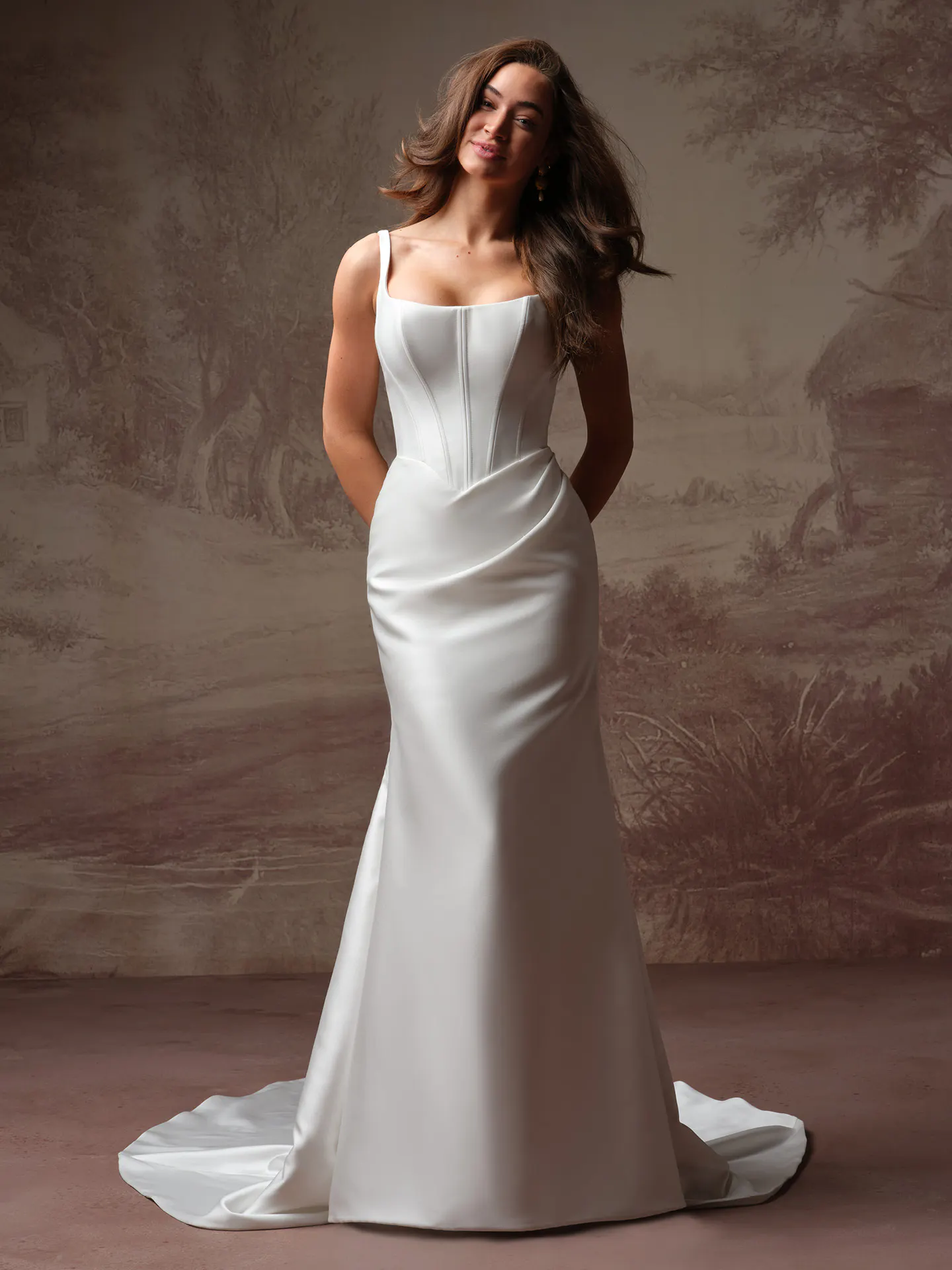 Rebecca Ingram Pamela, front view satin wedding dress.