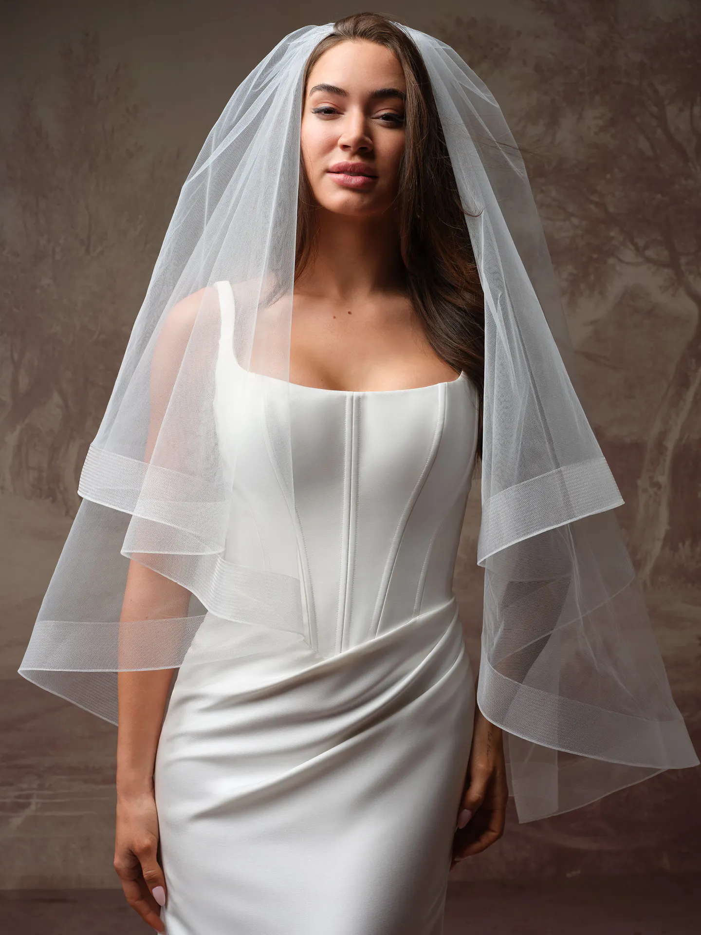 Rebecca Ingram Pamela, front view satin wedding dress with basque waist and veil.