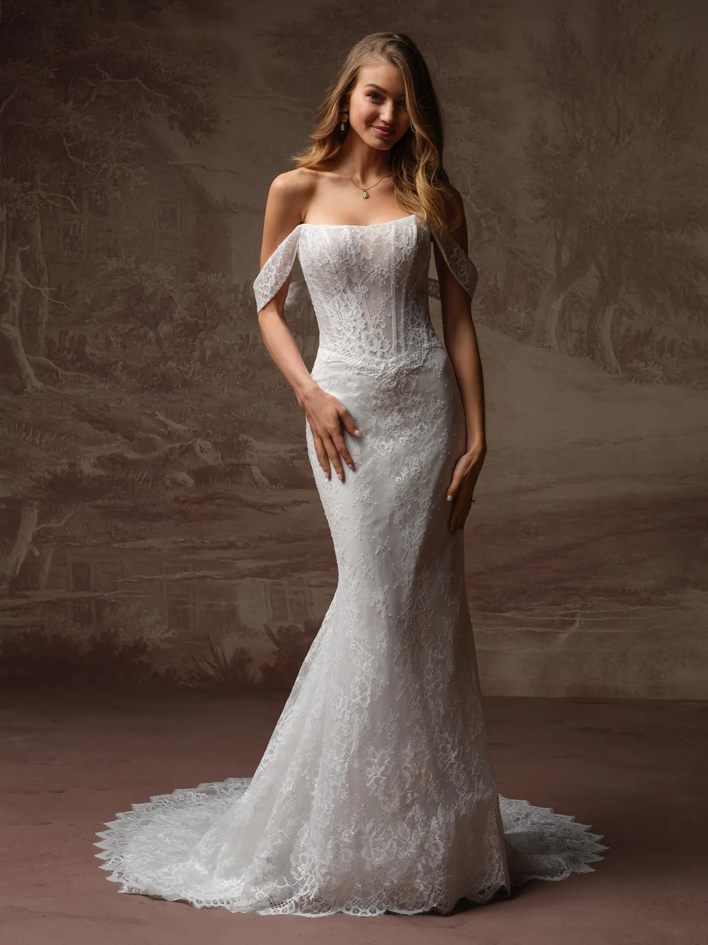 Rebecca Ingram Samira fit-and-flare lace dress, front view.