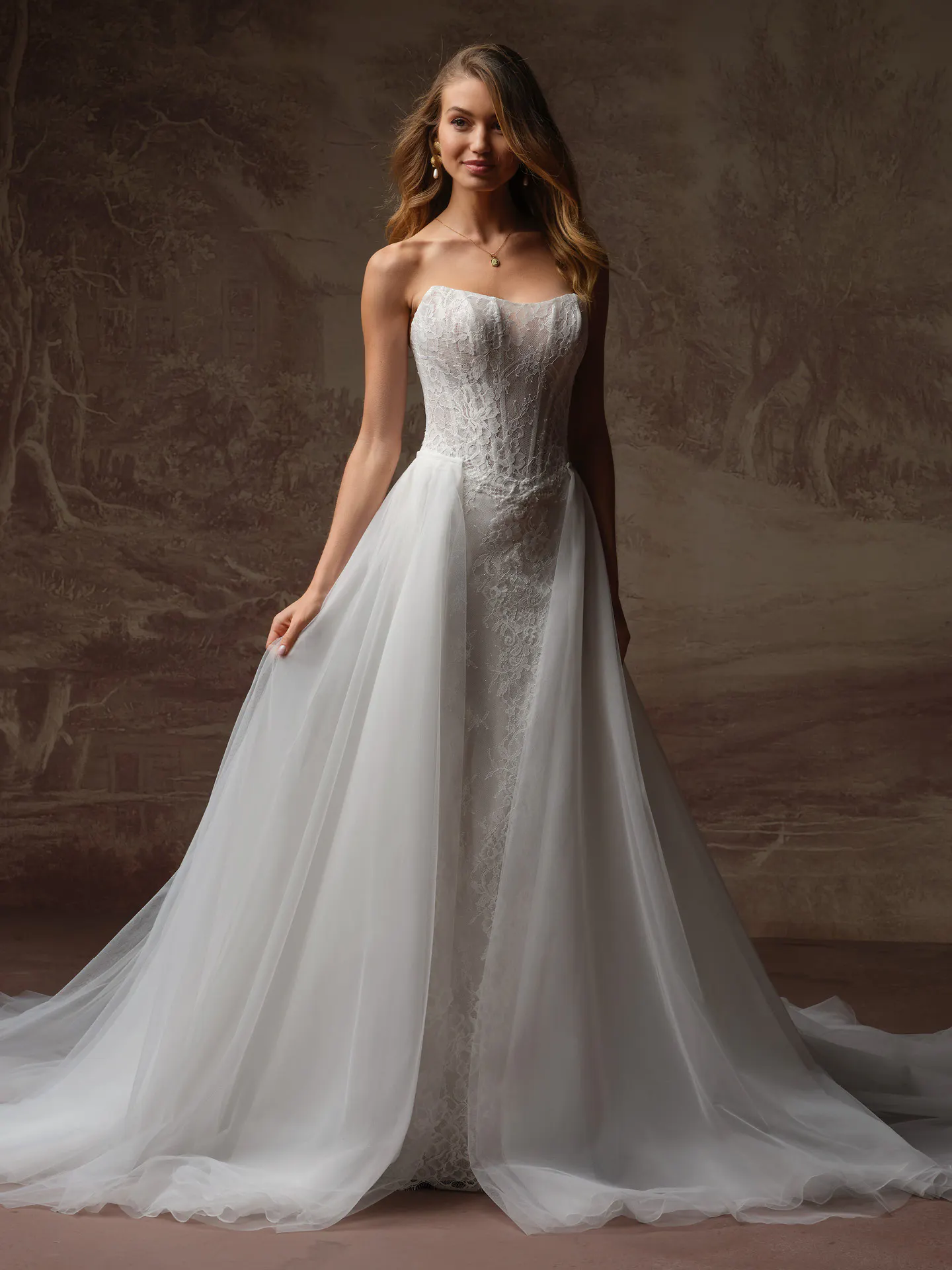 Rebecca Ingram Samira, front view lace glitter tulle fit-and-flare wedding dress.
