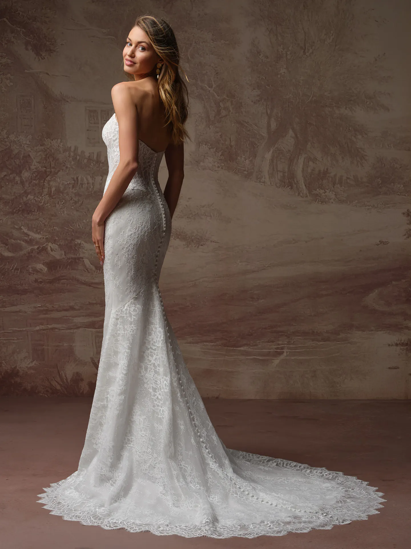 Rebecca Ingram Samira, back view lace fit-and-flare dress.