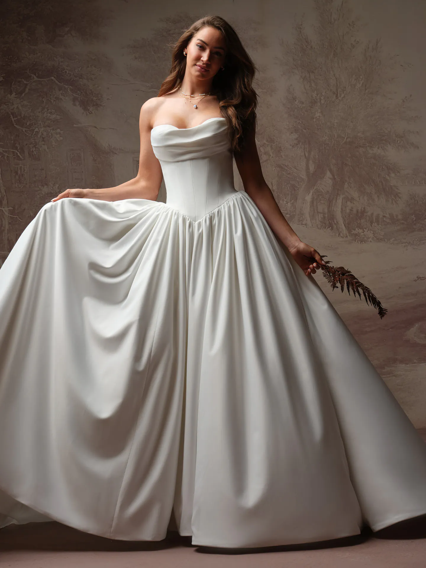 Vanessa draped cat eye neckline ballgown dress, front view by Rebecca Ingram.