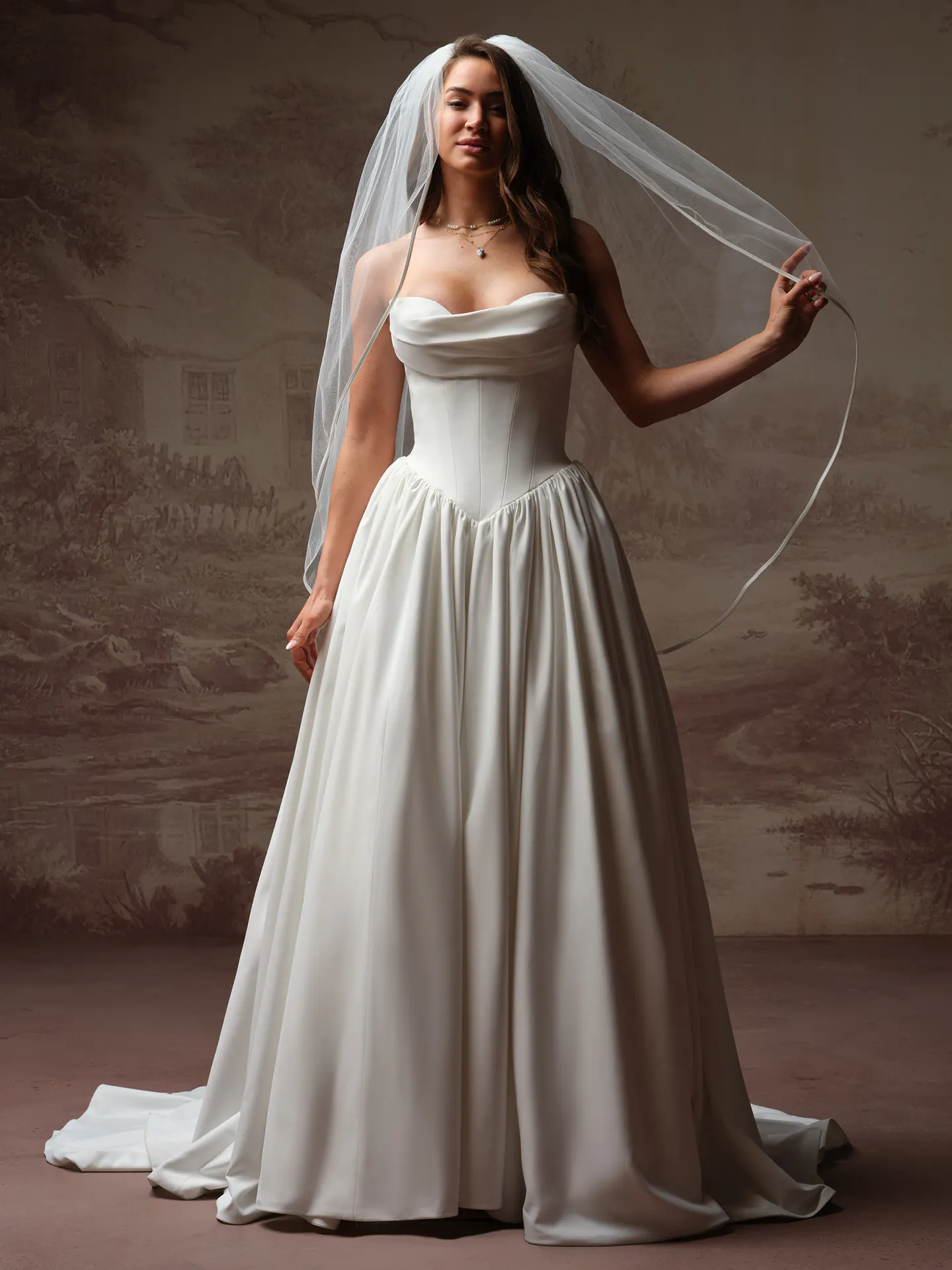 Rebecca Ingram Vanessa, front view ballgown dress with draped cat eye neckline.