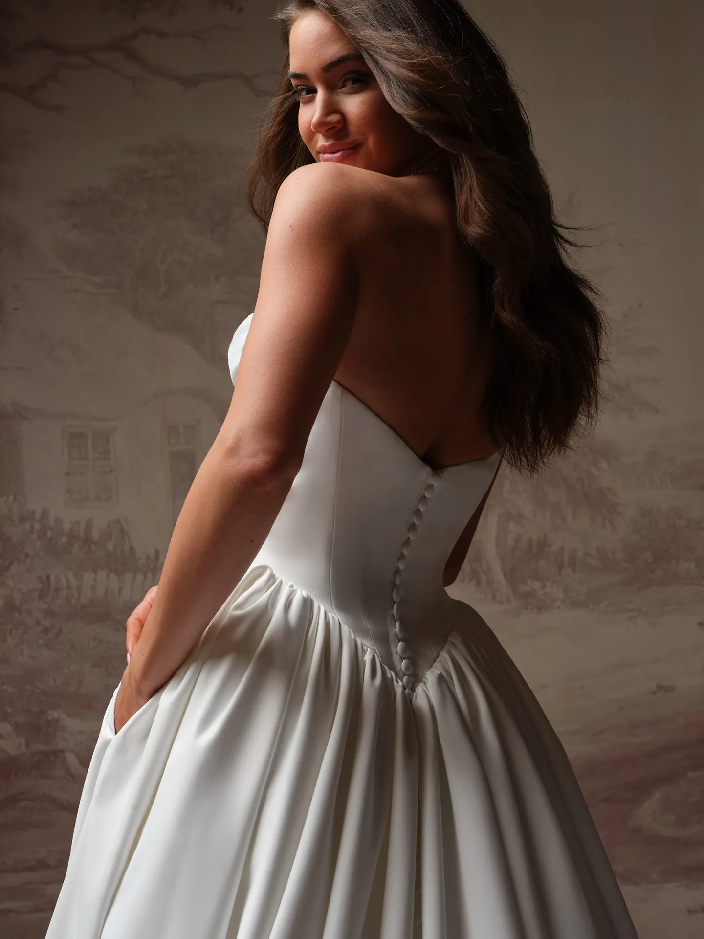 Rebecca Ingram Vanessa, back view ballgown dress with buttons.