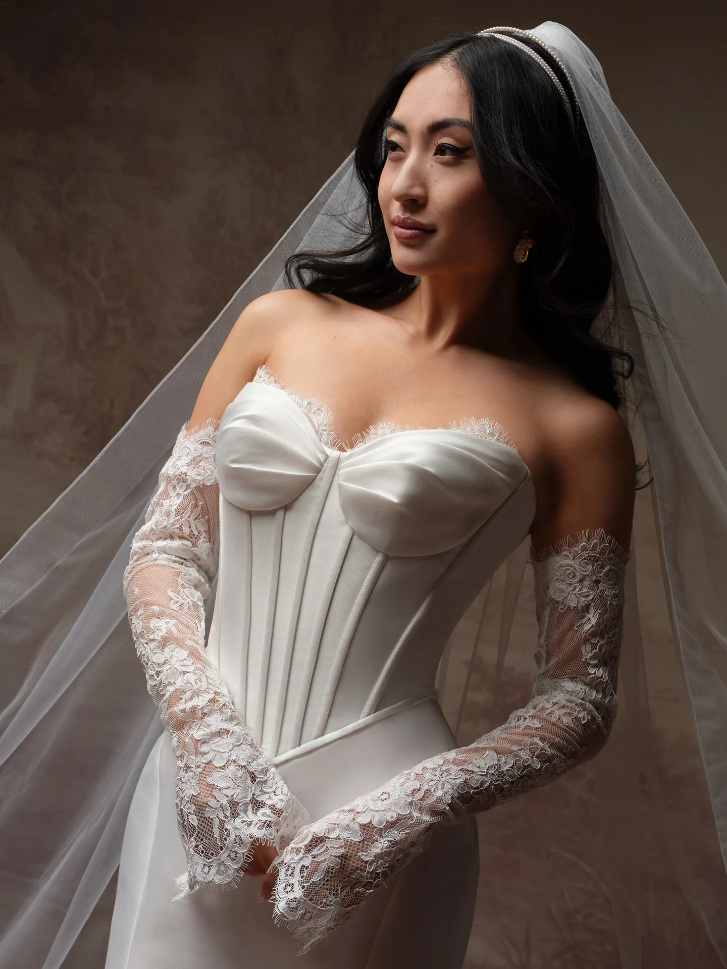 Rebecca Ingram Zorina Lane, front view, basque waist fit-and-flare dress with lace sleeves.