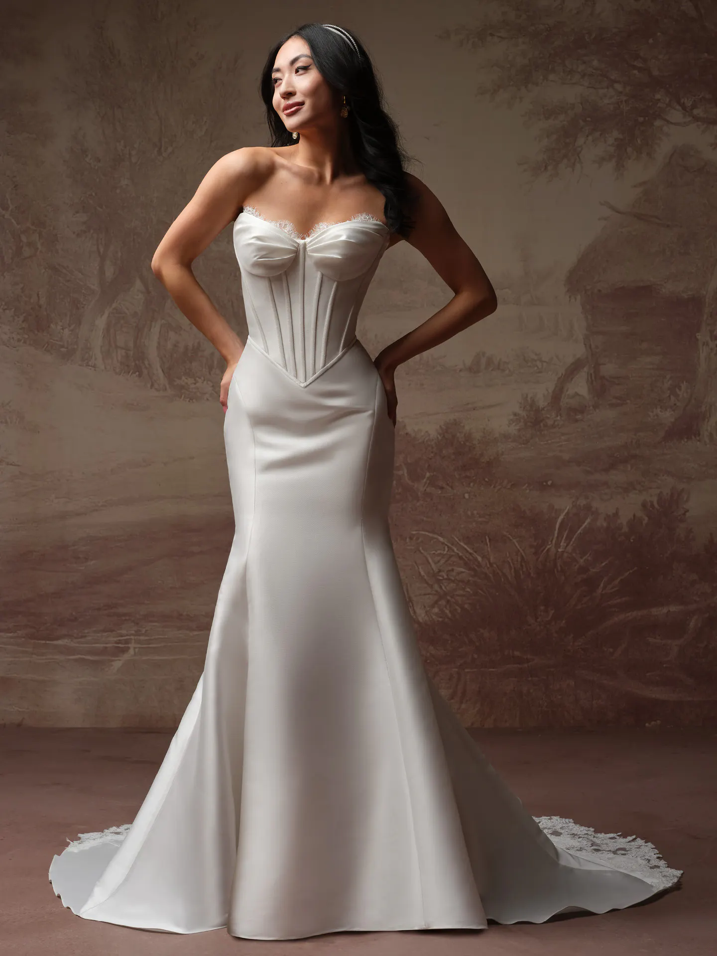 Rebecca Ingram Zorina Lane, front view, fit-and-flare style with basque waist.