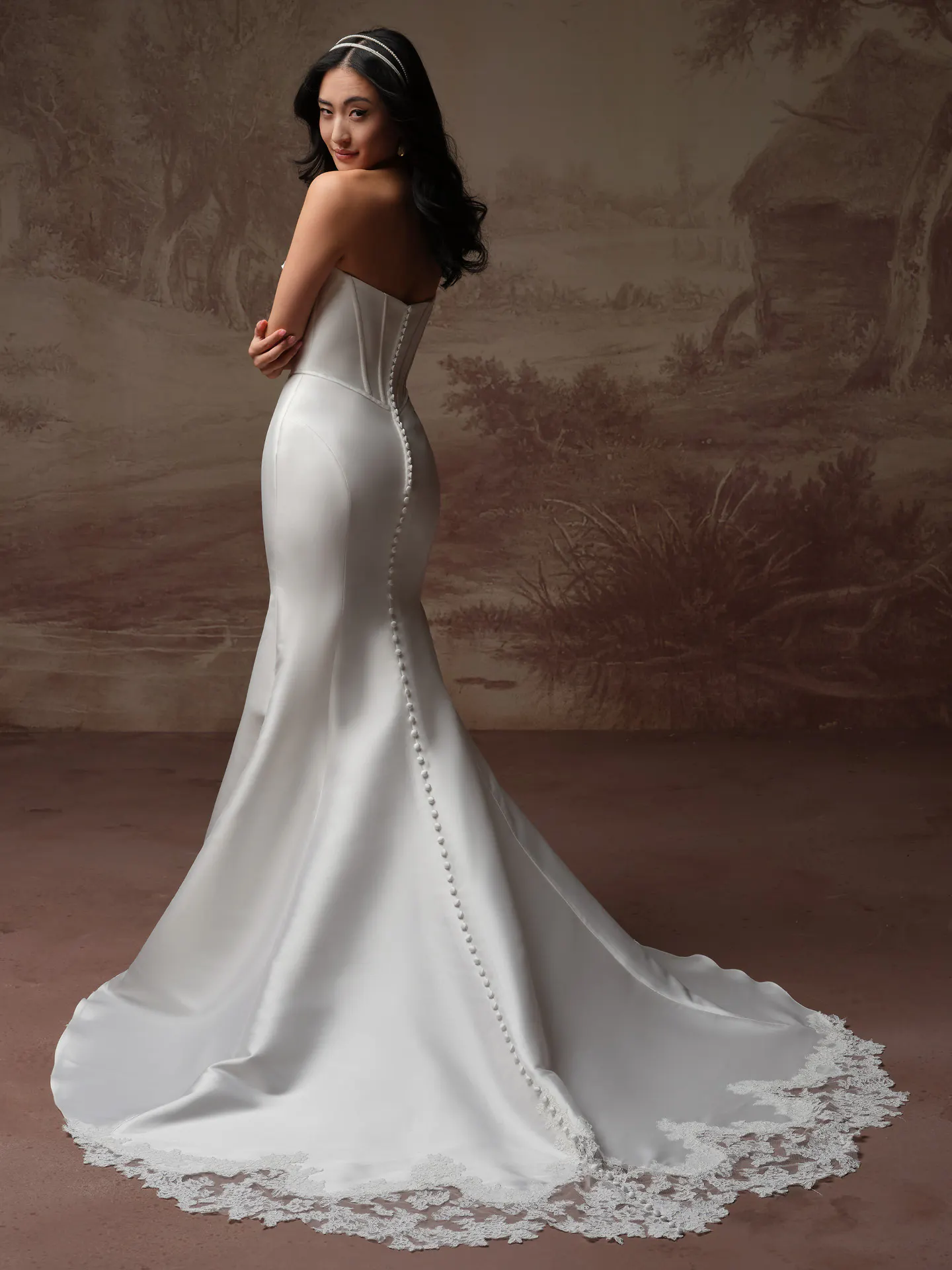 Rebecca Ingram Zorina Lane, back view fit-and-flare dress with buttons and lace trim.
