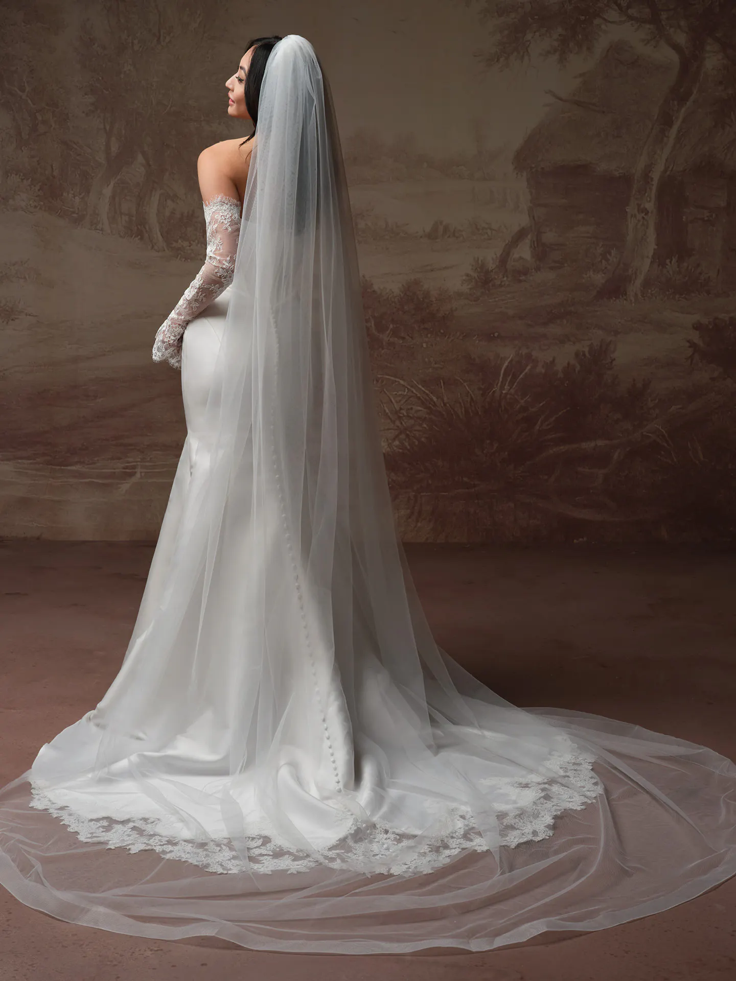 Rebecca Ingram Zorina Lane, back view fit-and-flare bridal gown with long veil.