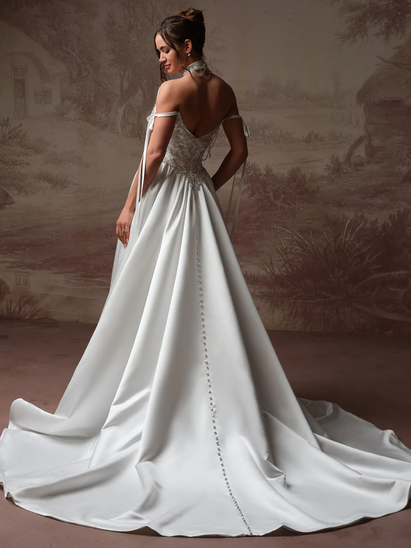 Sottero and Midgley Aelarion back view beaded bodice satin wedding dress.