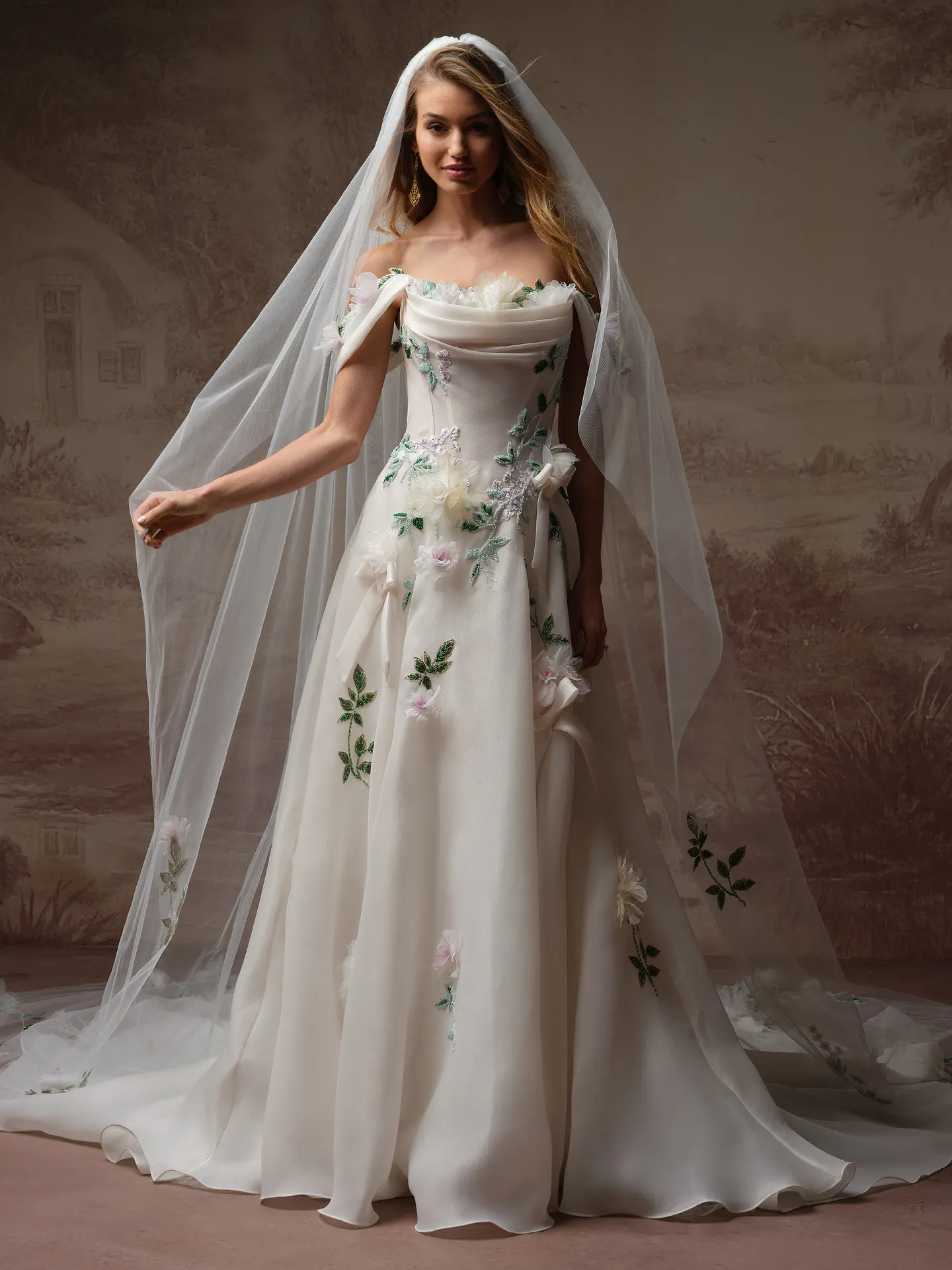 Sottero and Midgley Amaryllis front view 3D floral bow dress with veil.