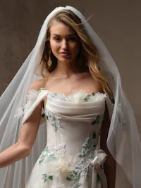Whimsical pleated 3-D floral off-the-shoulder cap-sleeves