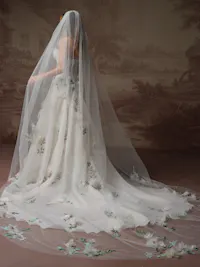 Ornate beaded 3-D flower lace bridal veil