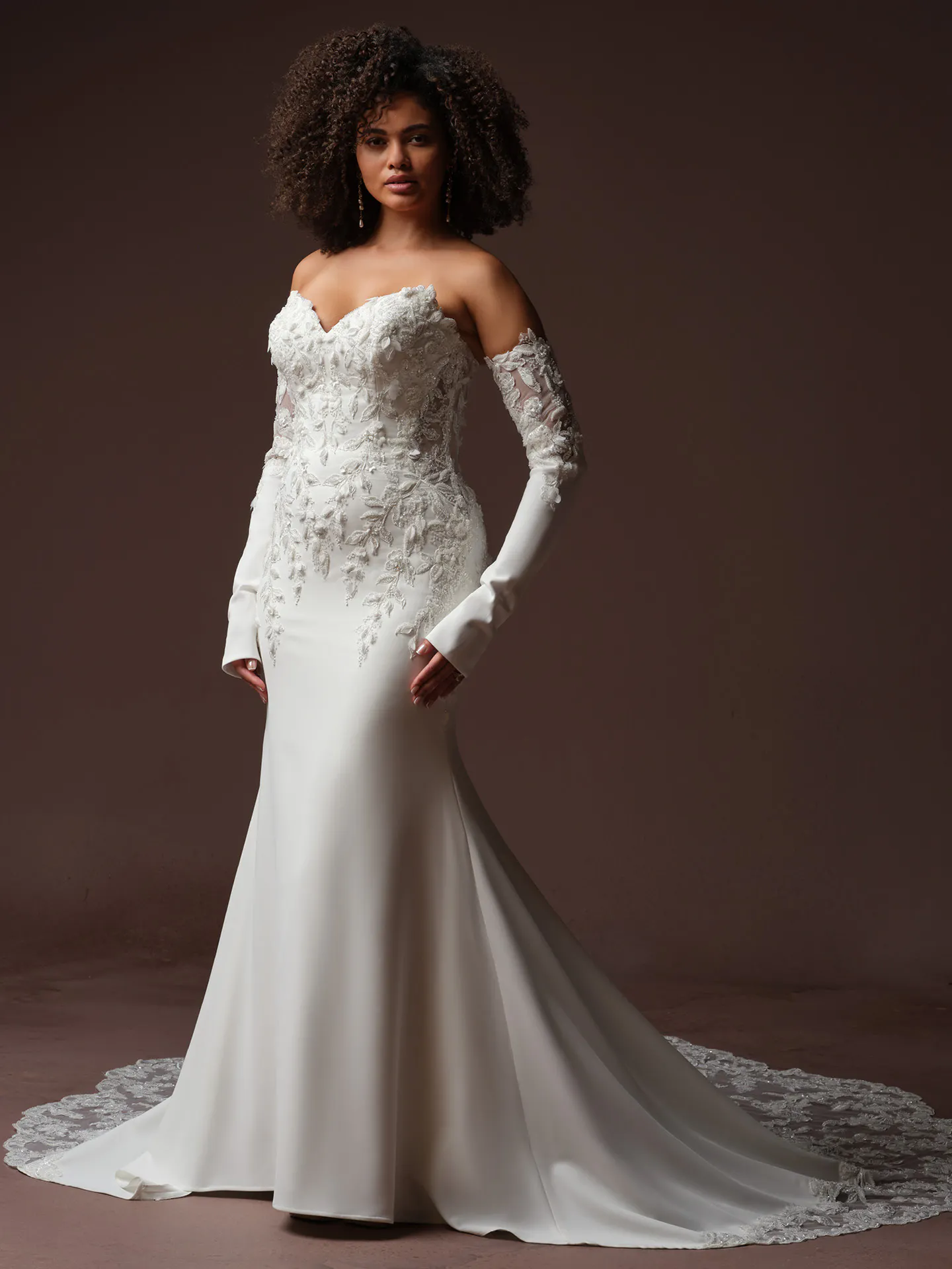 Sottero and Midgley Blair front view 3 D lace fit-and flare wedding dress.