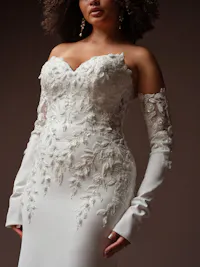 Refined 3-D lace covered button closure long bridal sleeves