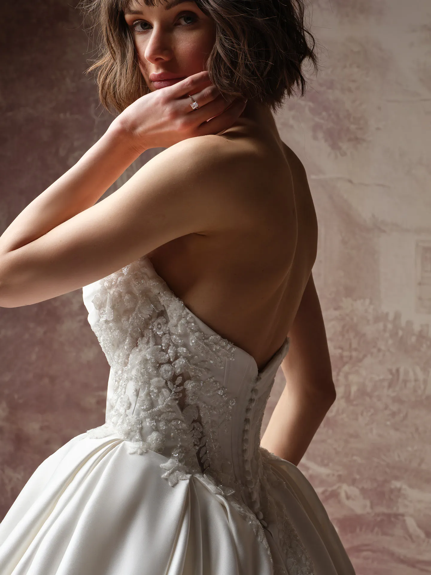 Sottero and Midgley Burke Lane side view lace beaded ballgown wedding dress.