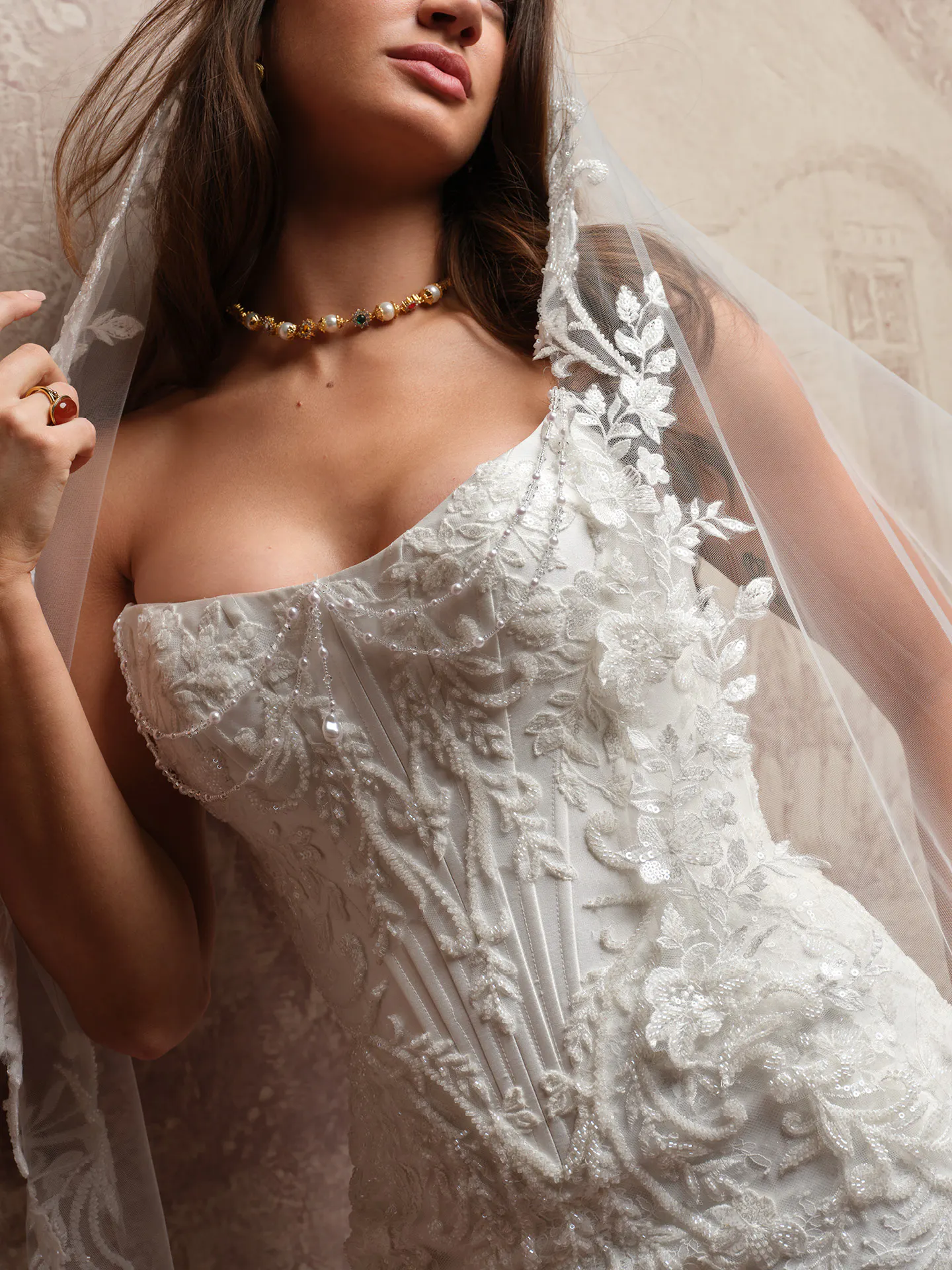 Sottero and Midgley Eirawen lace fit-and flare dress close up.