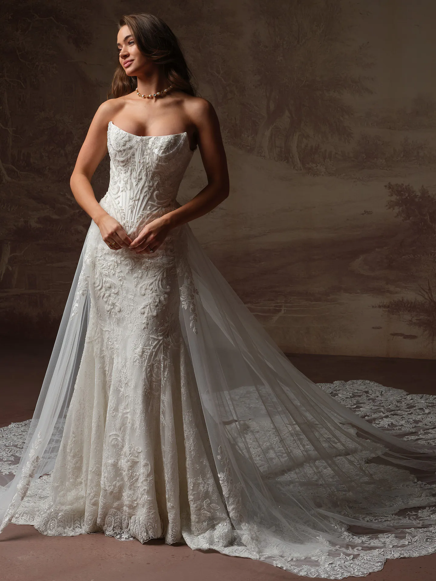Sottero and Midgley Eirawen lace fit-and-flare wedding dress, front view.